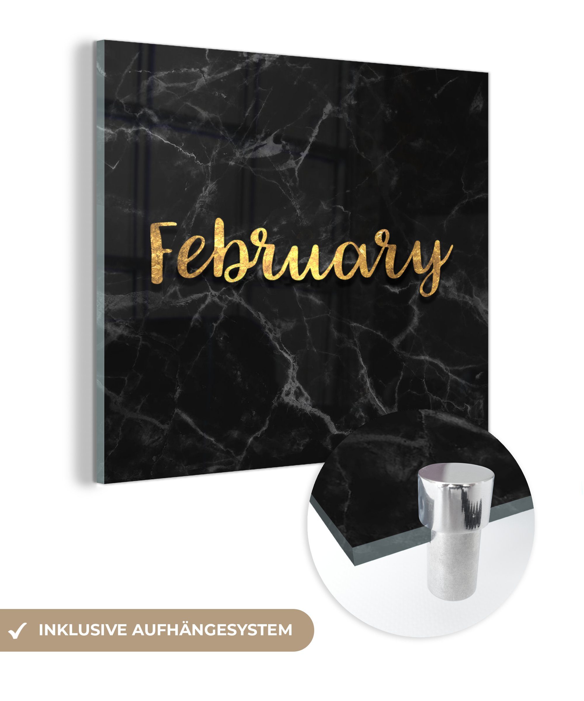 MuchoWow Acrylglasbild Kalender - Februar auf - Bilder auf Marmor, St), Wandbild (1 Glasbilder - - - Wanddekoration - Foto Gold Glas Glas