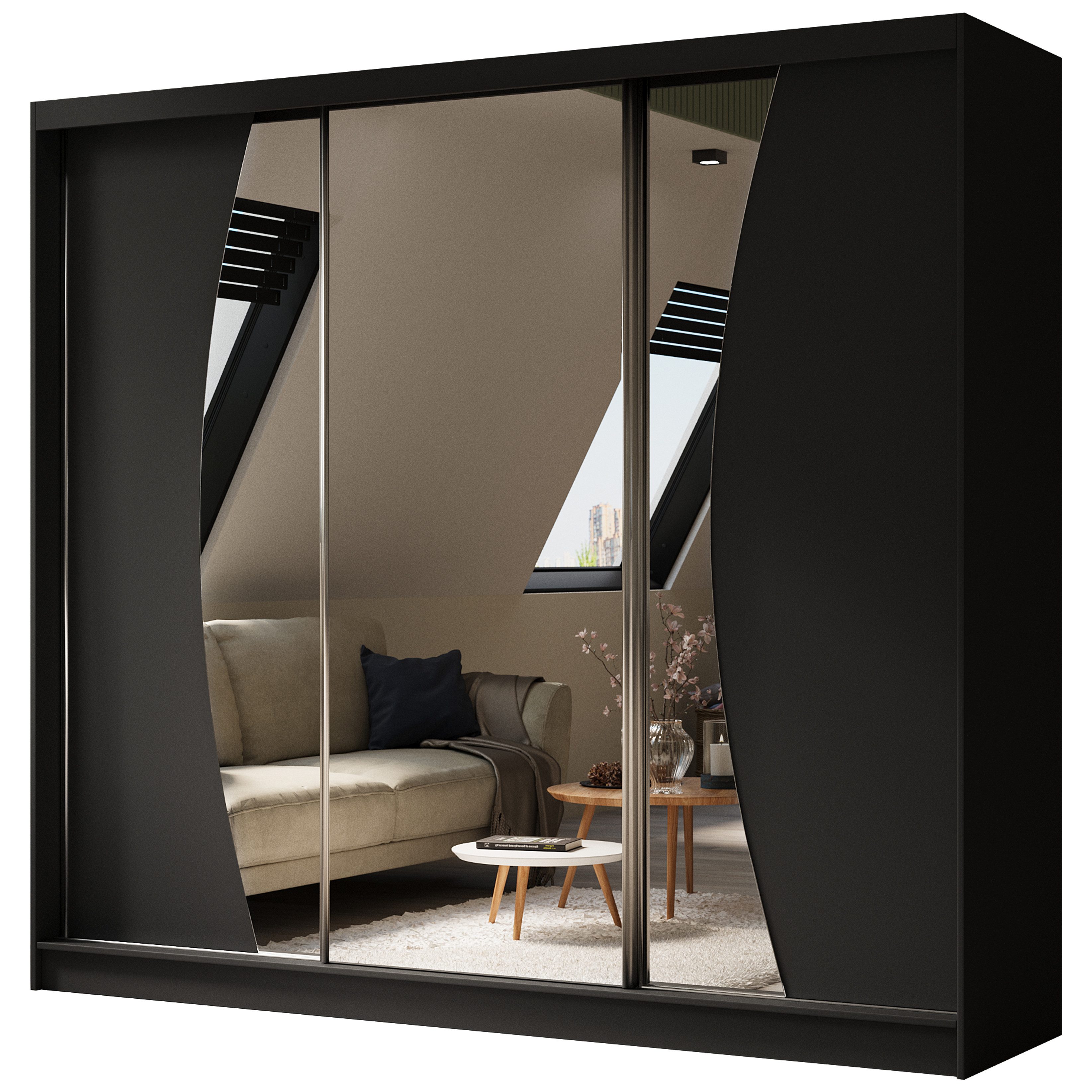 Beautysofa Schiebetürenschrank VOX II mit Spiegel & Schubladen (Schrank modern groß Schiebetüren mit Einlegeböden Kleiderstange, Kleiderschrank Schwebetürenschrank) viele Farben zur Auswahl