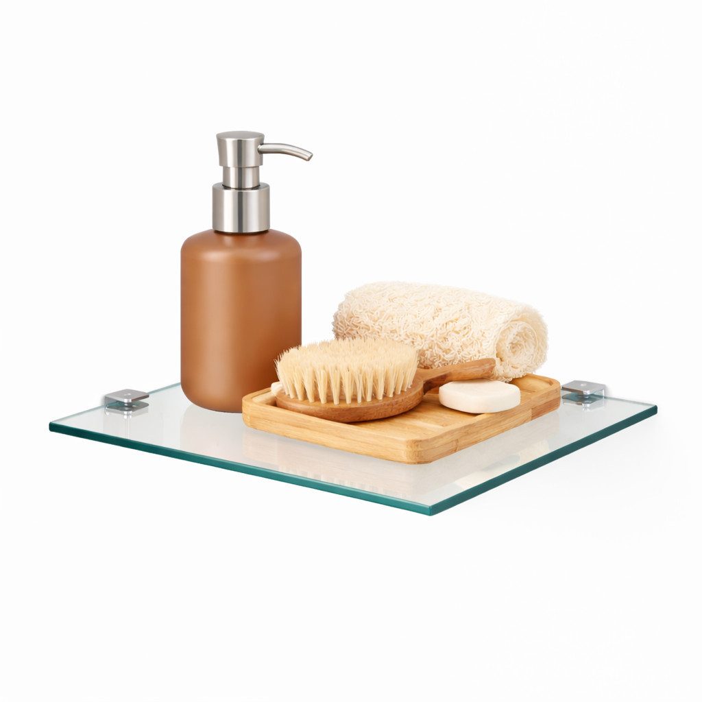 HOOZ Eckregal Glasregal Eckablage ESG – 6 mm, quadratisches Duschregal mit Halterung, Eckregal, Platzsparende Glasablage für Dusche, Bad, Küche oder Wohnraum