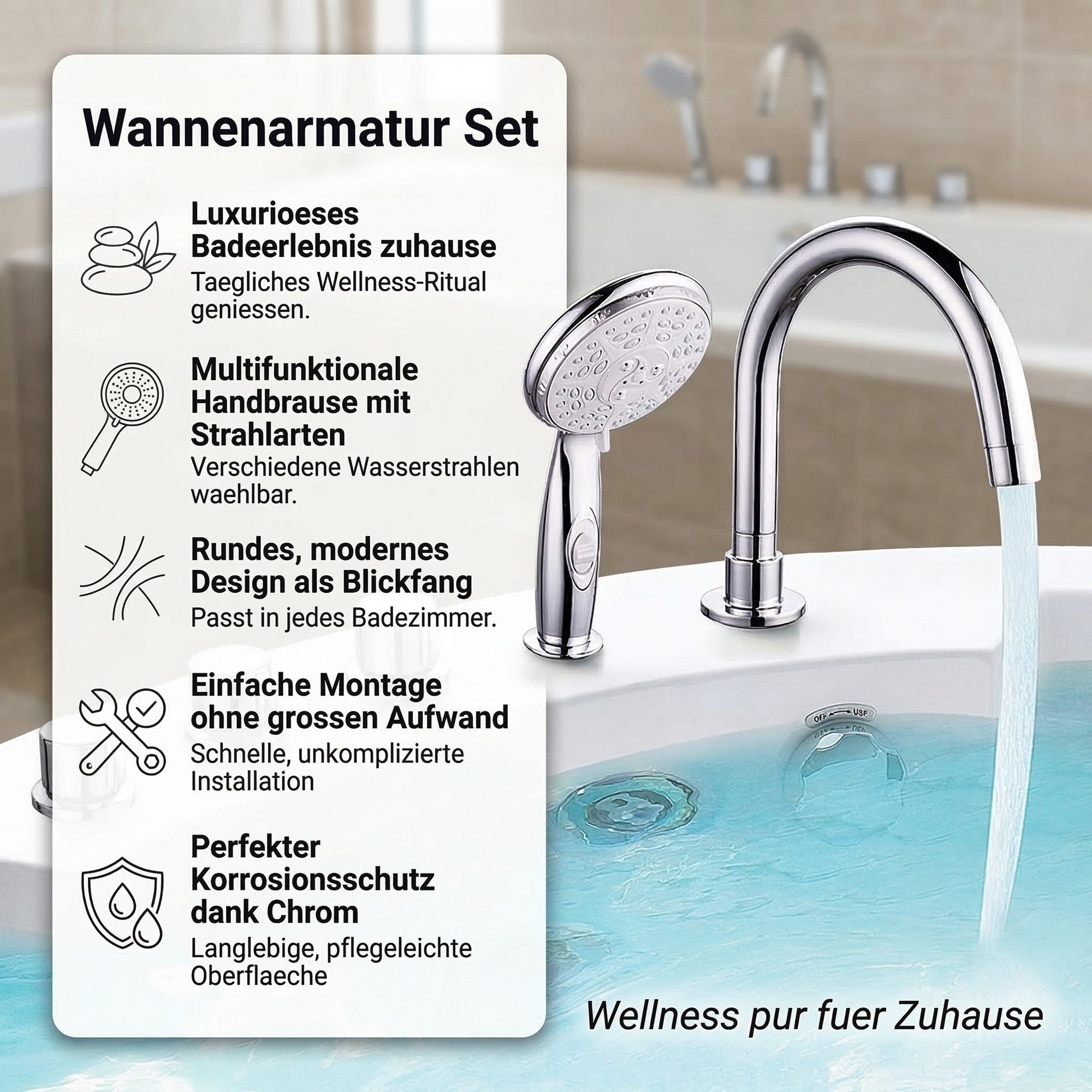 Mucola Badarmatur Wannenrandarmatur 5 Loch Set Handbrause Badarmatur Wasserfall Chrom (Set)
