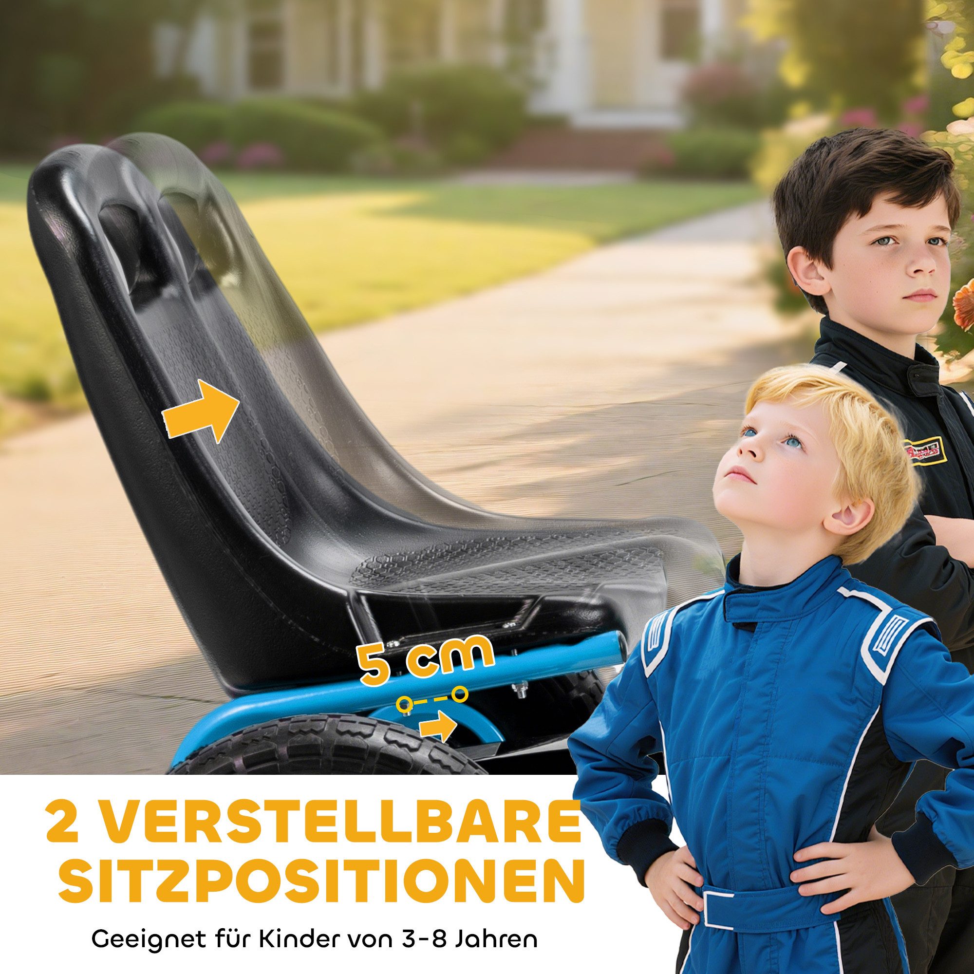 AIYAPLAY Go-Kart Tretauto mit Handbremse, verstellbarem Sitz, Pedalantrieb, für Kinder 3-8 Jahren, Blau – Bild 5 von 5