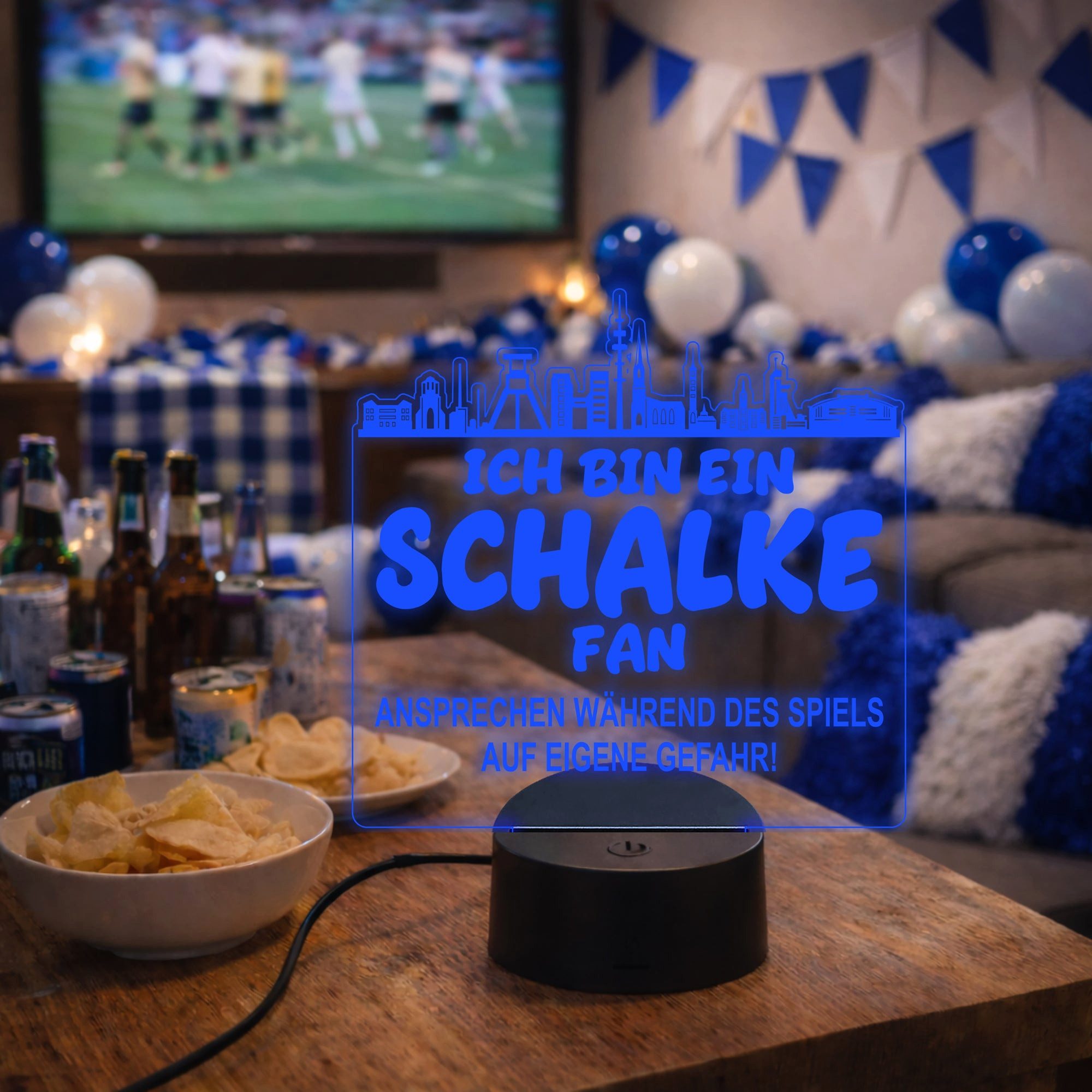 Lieblingsmensch LED Nachtlicht Fußball - Ich bin ein Schalke Fan - Ansprechen auf eigene Gefahr, LED fest integriert, Farbwechsel oder feste Farbe mit Fernbedienung & Touch, Man Cave Stimmungslicht – 19x23cm