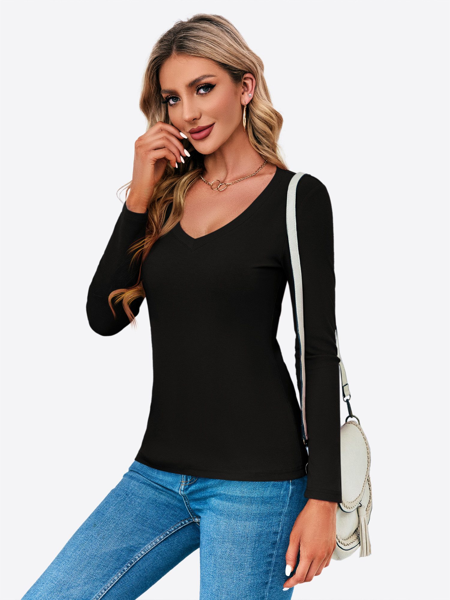 Imily Bela T-Shirt Damen Langärmliges Slim-Fit-Oberteil mit V-Ausschnitt (P günstig online kaufen