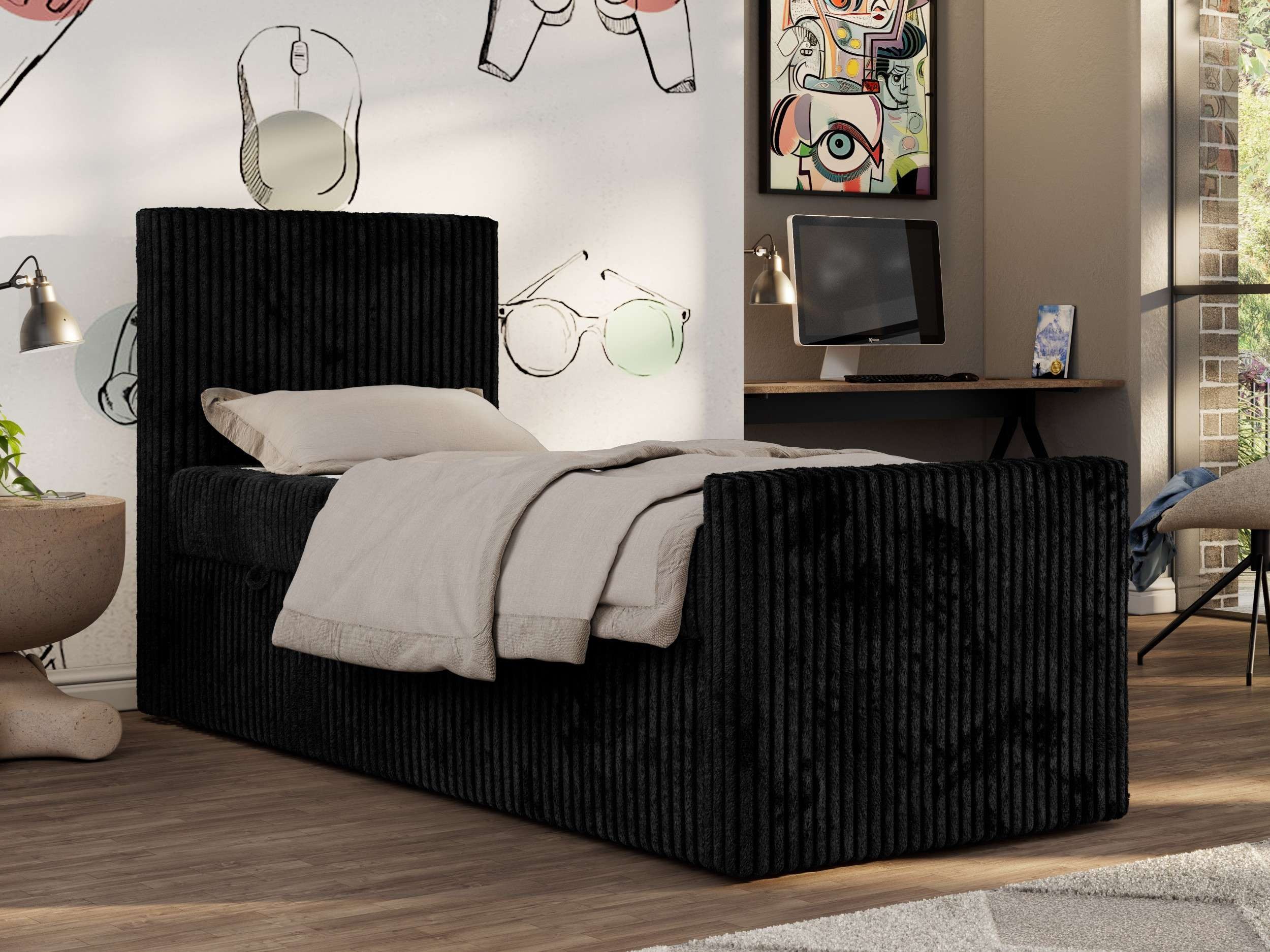 MKS MÖBEL Jugendbett TILIO DUO (Set, T30 Schaum, 7 Härtezonen, Multipocket Matratze), Einzelbett 90x200, hohe Kopfteil, Cordstoff, Bett mit Stauraum