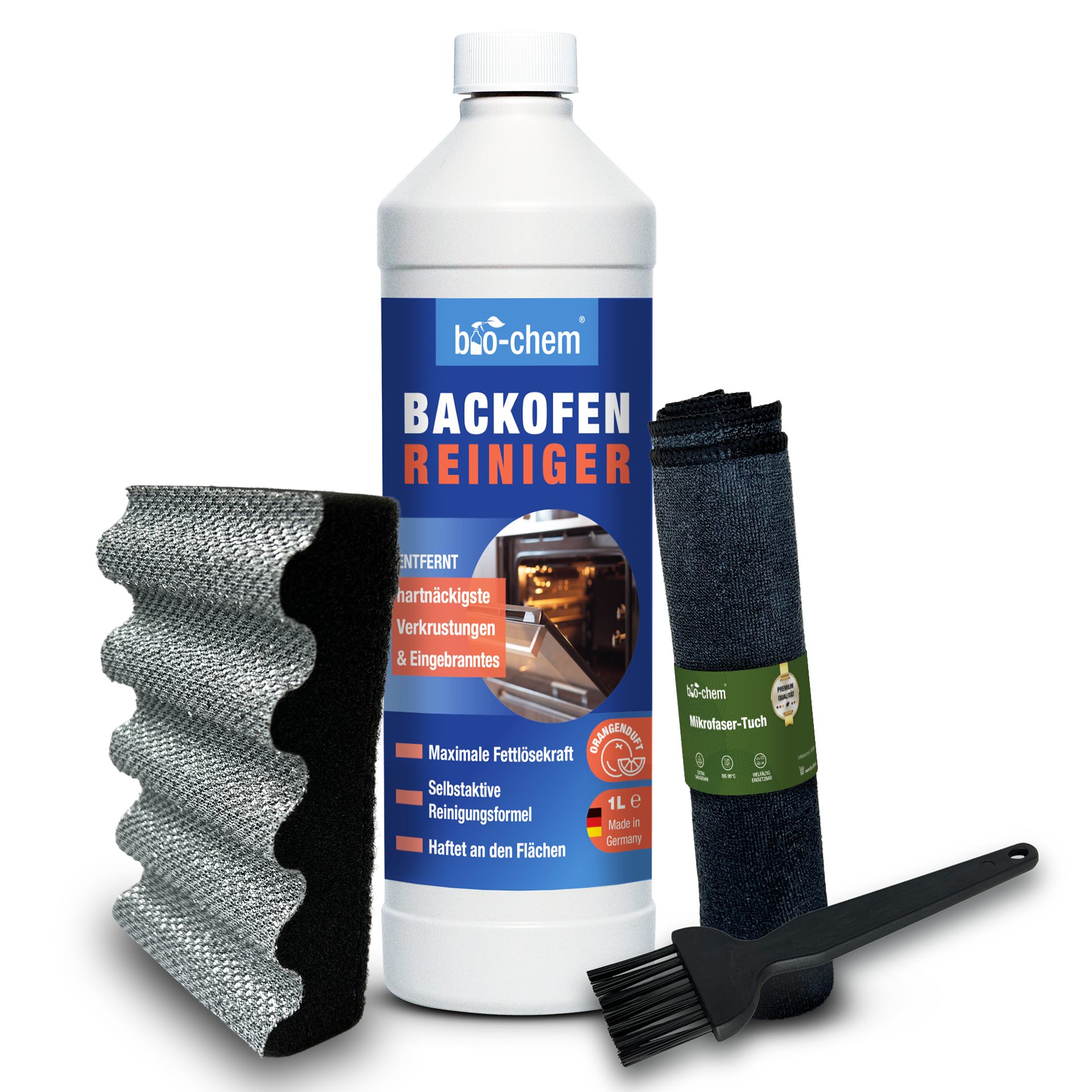 bio-chem Backofenreiniger 1000ML – EXTRA STARK ohne Schrubben Backofenreiniger (Starker Fettlöser, [- Backofenreiniger 1 L + Zubehör Extra starke Fettlösekraft)