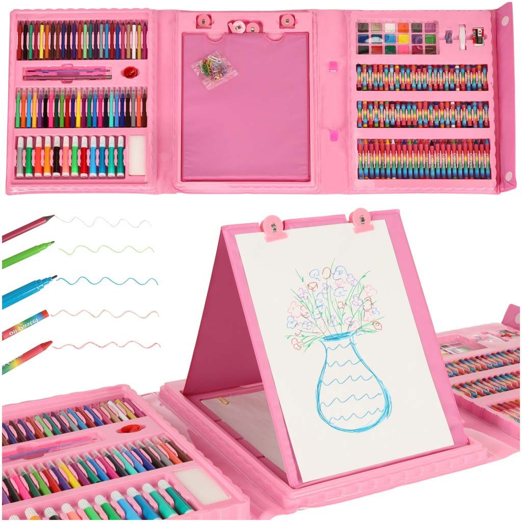 Ikonka Malstift Kreativ-Malkoffer 208-teilig im Tragekoffer – Blau / Pink, (XXL Malkoffer-Set 208-teilig für Kinder mit Farben, Stiften und Zubehör, 208-tlg., 208-teiliges Mal- und Zeichenset im Koffer für Kinder ab 3 Jahren), Großer Malkoffer übersichtlicher Innenaufteilung stabilem Tragekoffer