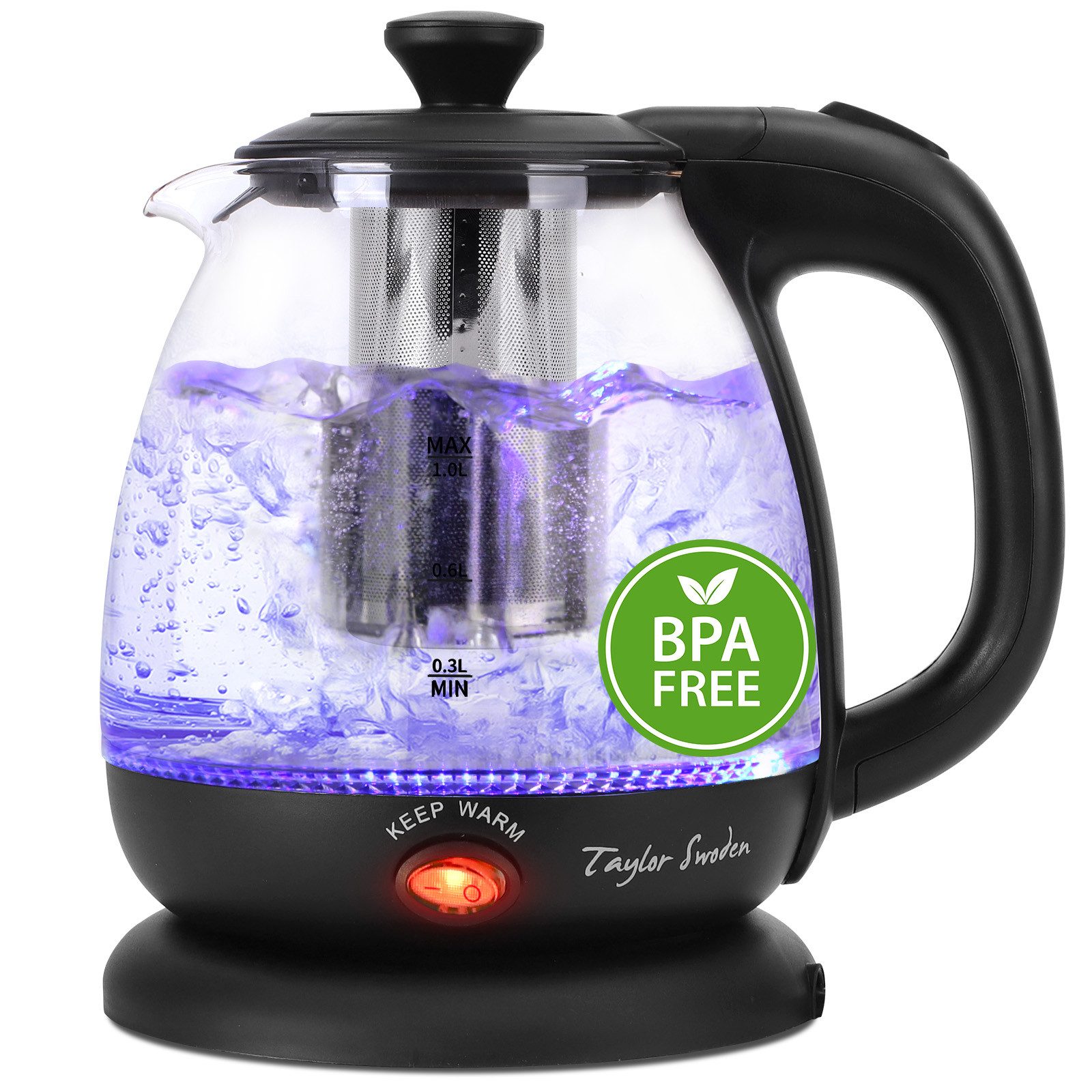 Taylor Swoden Wasserkocher Reisewasserkocher Glas Kleiner 1L, 2200W, Warmhaltefunktion, BPA-Frei, 1 l, 2200,00 W, Mit LED Leuchtanzeige, Abnehmbarer Filter, Trockener Kochschutz