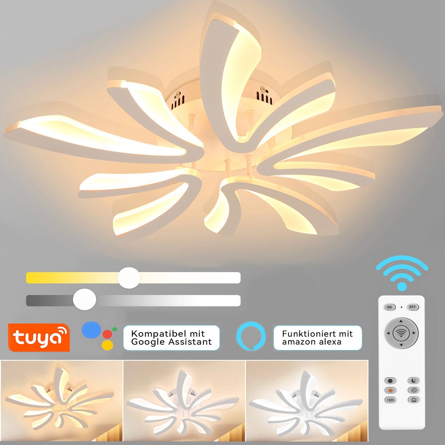 oyajia Deckenleuchte Design V Google-Assistant mit LED fest 60W und für Modern Kaltweiß/Naturweiß/Warmweiß, LED integriert, Alexa Deckenleuchte LED Deckenlampe,Dimmbar WIFI-steuerung, und APP