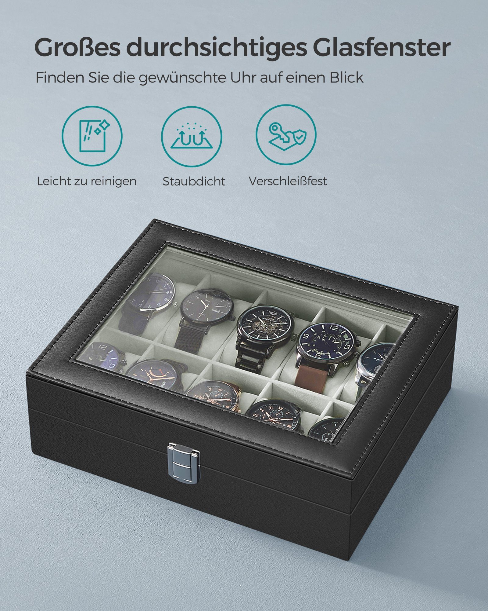 SONGMICS Uhrenbox Uhrenkasten, herausnehmbare Uhrenkissen, Geschenkidee,25,5x20,2x7,8 cm, mit 10 Fächern, Glasdeckel, Uhrenkoffer, Samtfutter in Grüngrau