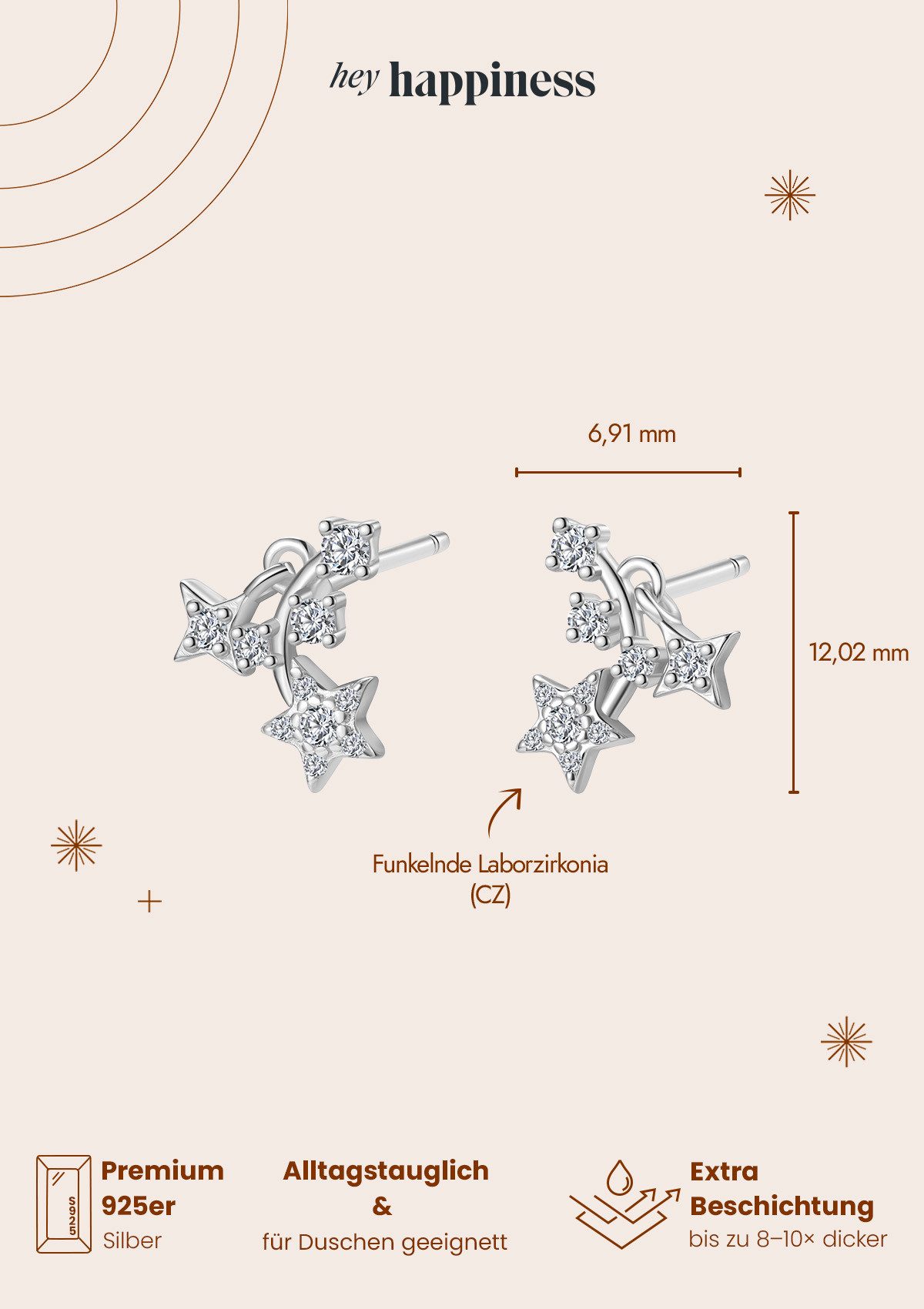 Hey Happiness Paar Ohrstecker Stern Nachthimmel, mit Zirkonia, Zarte Kleine Damen Ohrringe Silber 925