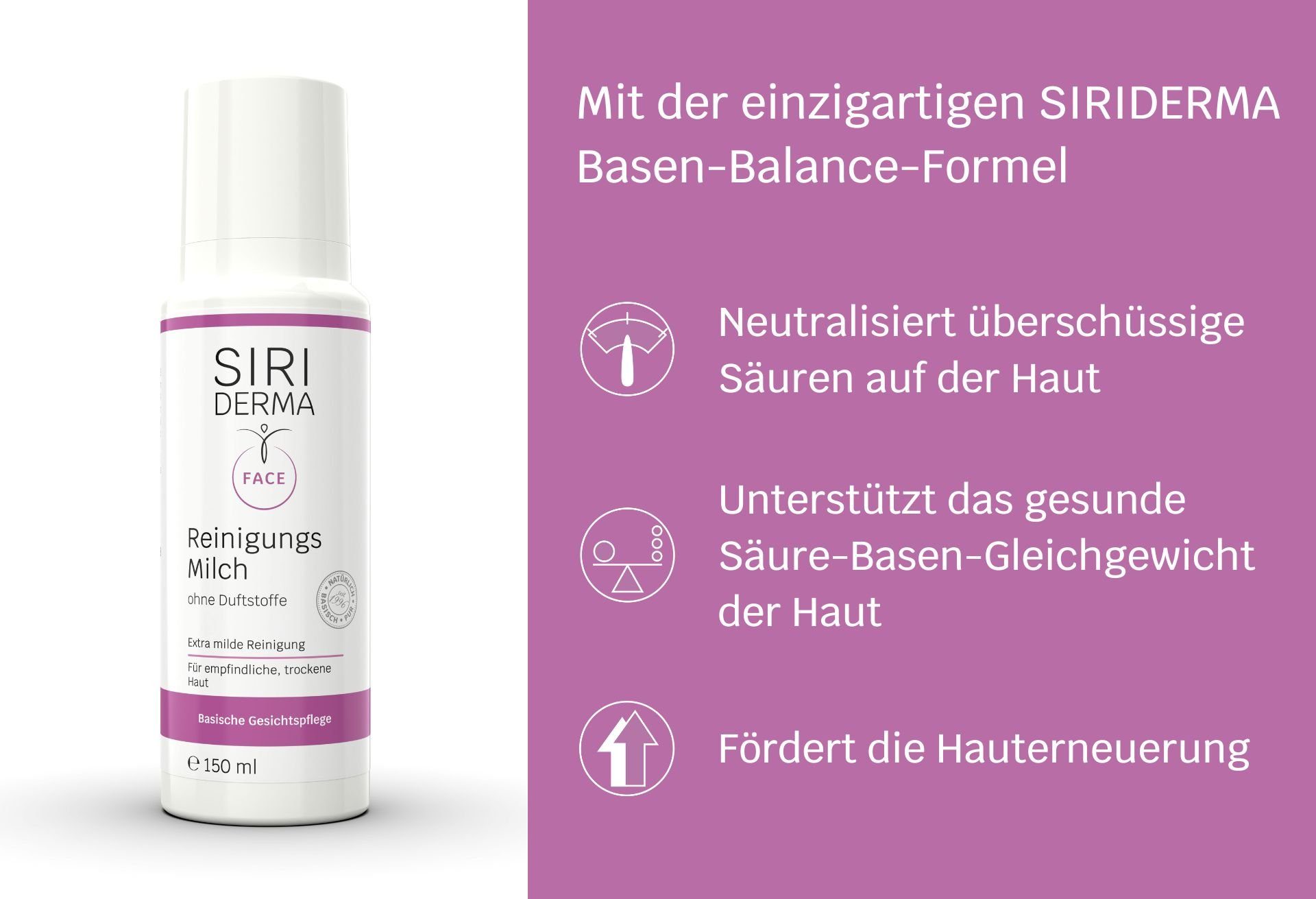 150 Gesichtsreinigung, Schmutz und Siriderma Make-Up Siriderma ml, Basische entfernt Gesichts-Reinigungsmilch Reinigungsmilch ohne Duftstoffe Schonende