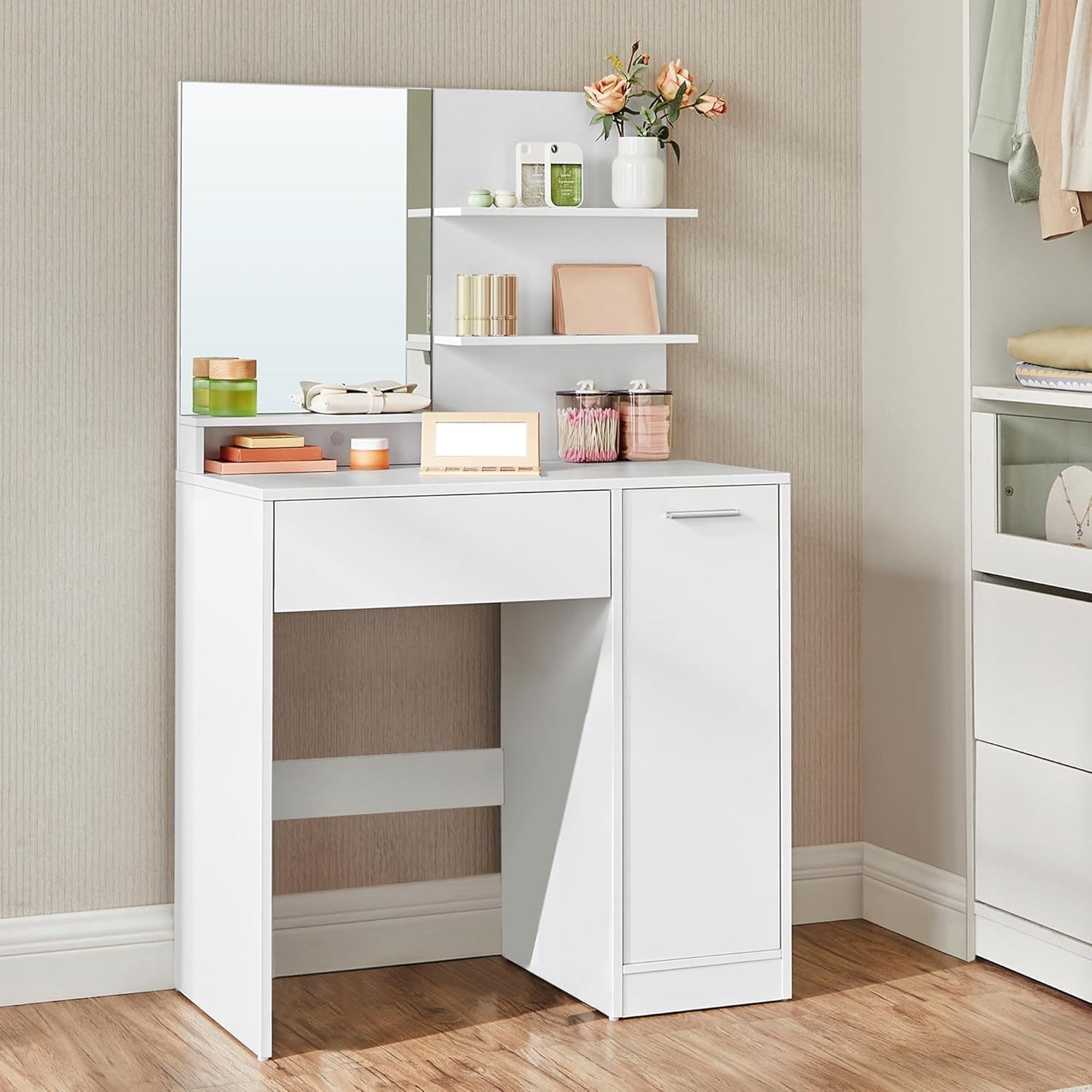 Schminktisch Kosmetiktisch mit Spiegel, Großer Schublade & Schrank Make-up Tisch