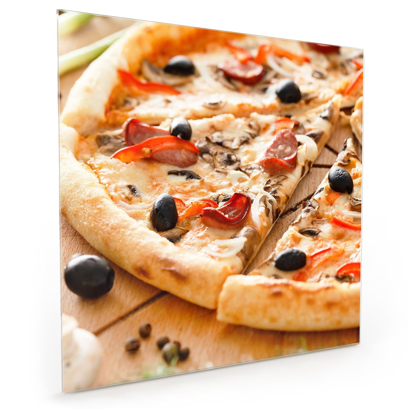 Primedeco Küchenrückwand Küchenrückwand au mit Spritzschutz Holz Glas Pizza Motiv