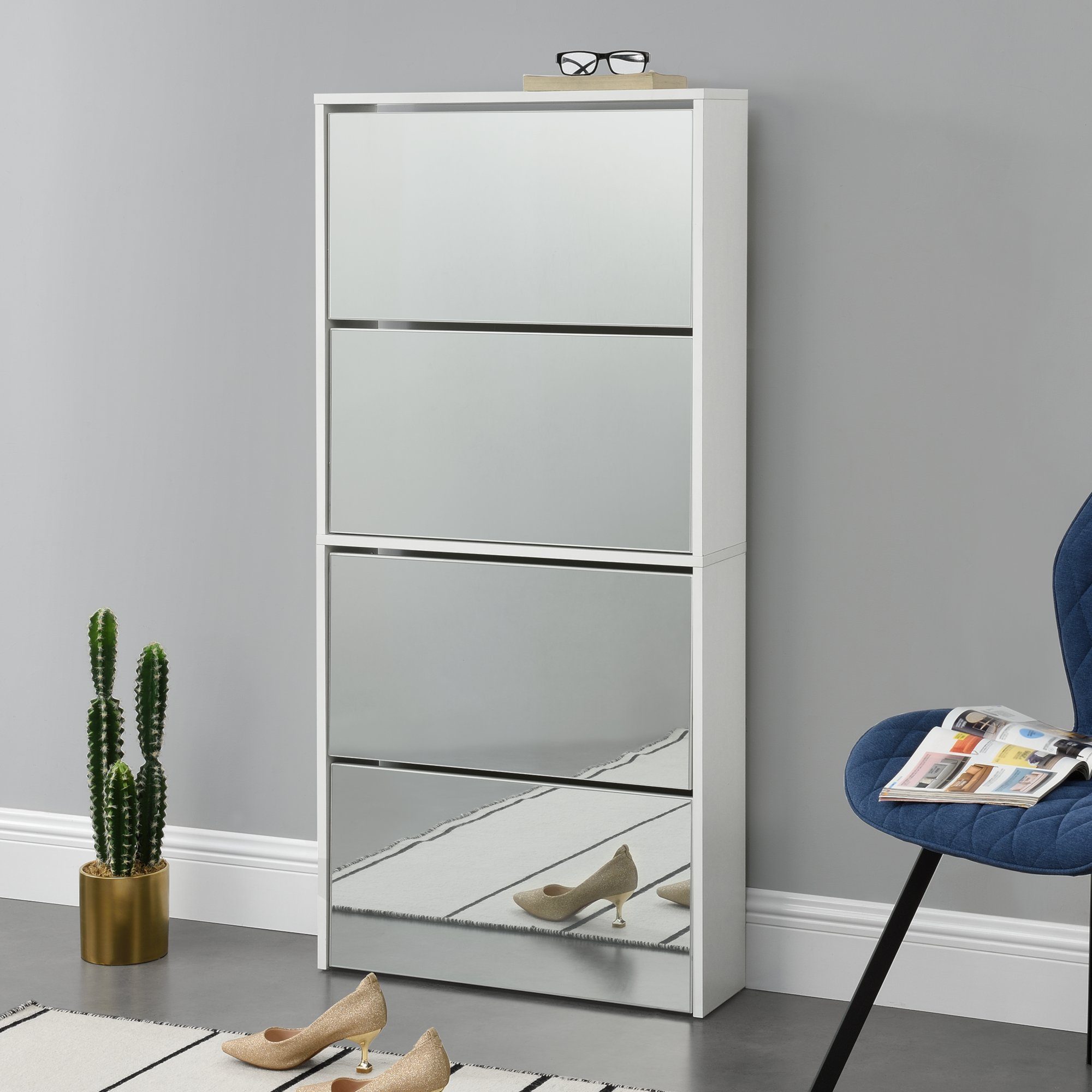 en.casa Schuhschrank »Vogar« mit 4 verspiegelten Türen 134x63x17 cm Weiß – Bild 3 von 5
