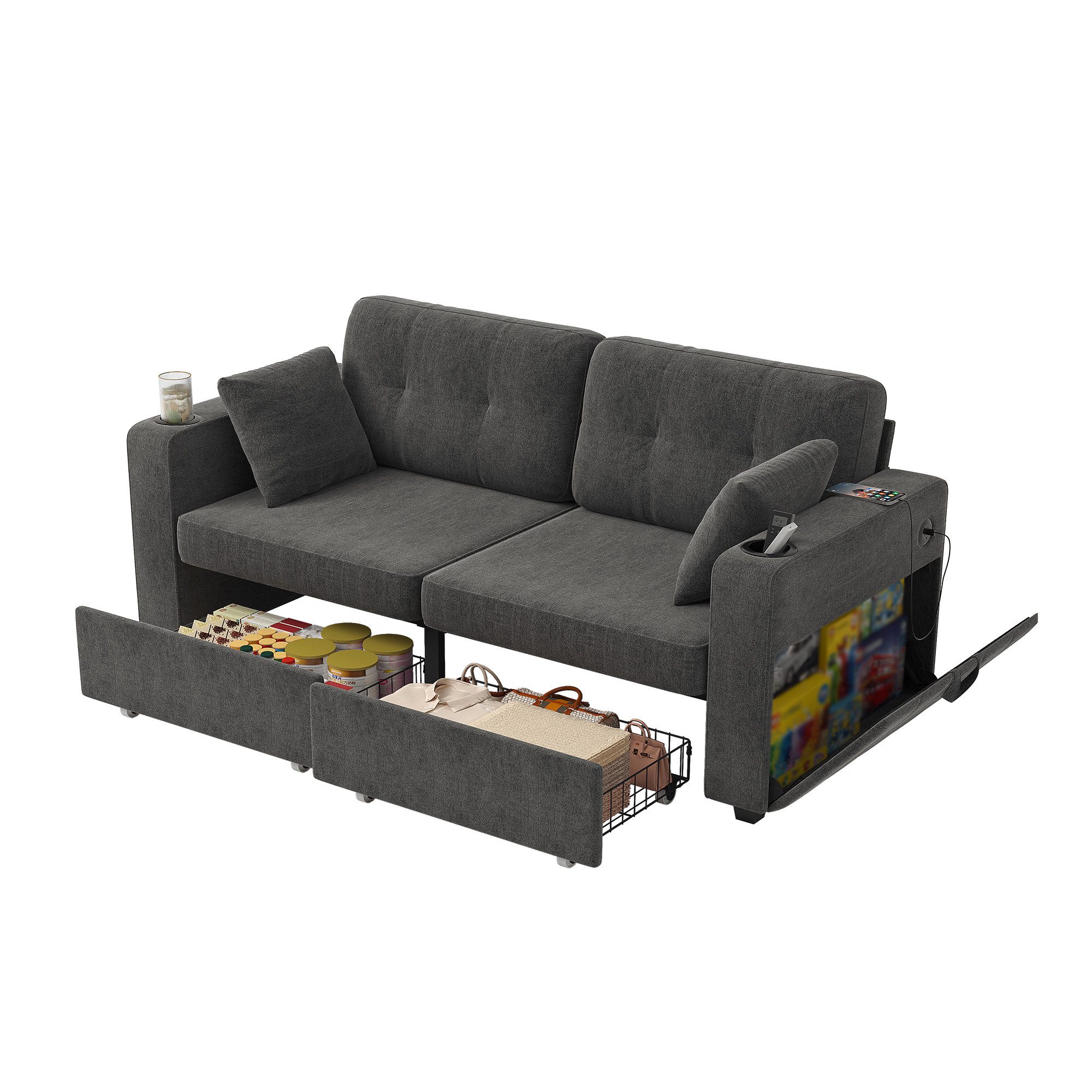BlingBin 2-Sitzer Sofa mit Stauraum & USB, Couch modern mit Getränkehalter, 1er Set 1 Teile, mit versteckten Staufächern. Geeignet für Wohnzimmer, Wohnungen