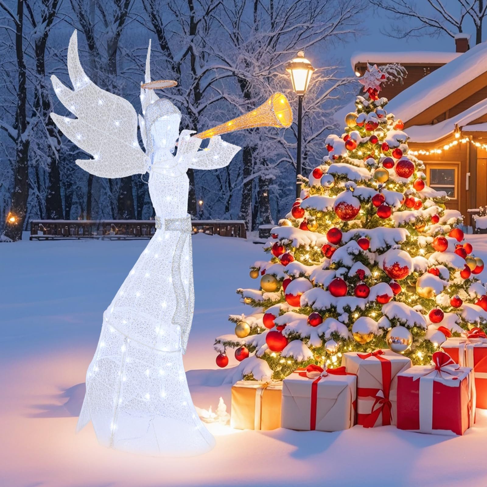 COSTWAY Weihnachtsfigur, Weihnachtsengel mit Trompete, 100 LEDs, 156cm hoch