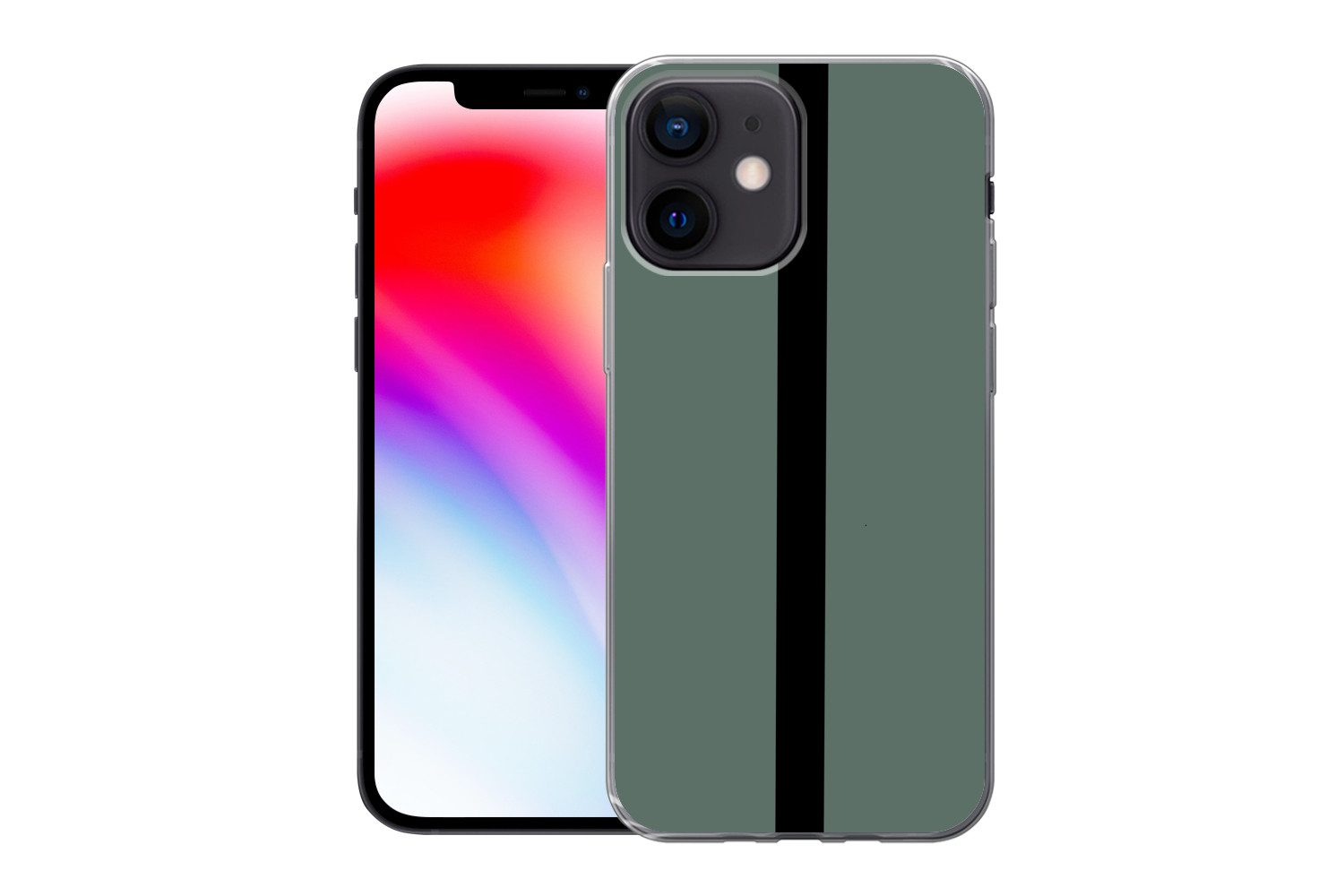 MuchoWow Handyhülle für Apple iPhone 12 mini Grün - Schwarz - Gestreift - Minimalistisch, Smartphone-Bumper, Print, Handy Schutzhülle Dünn