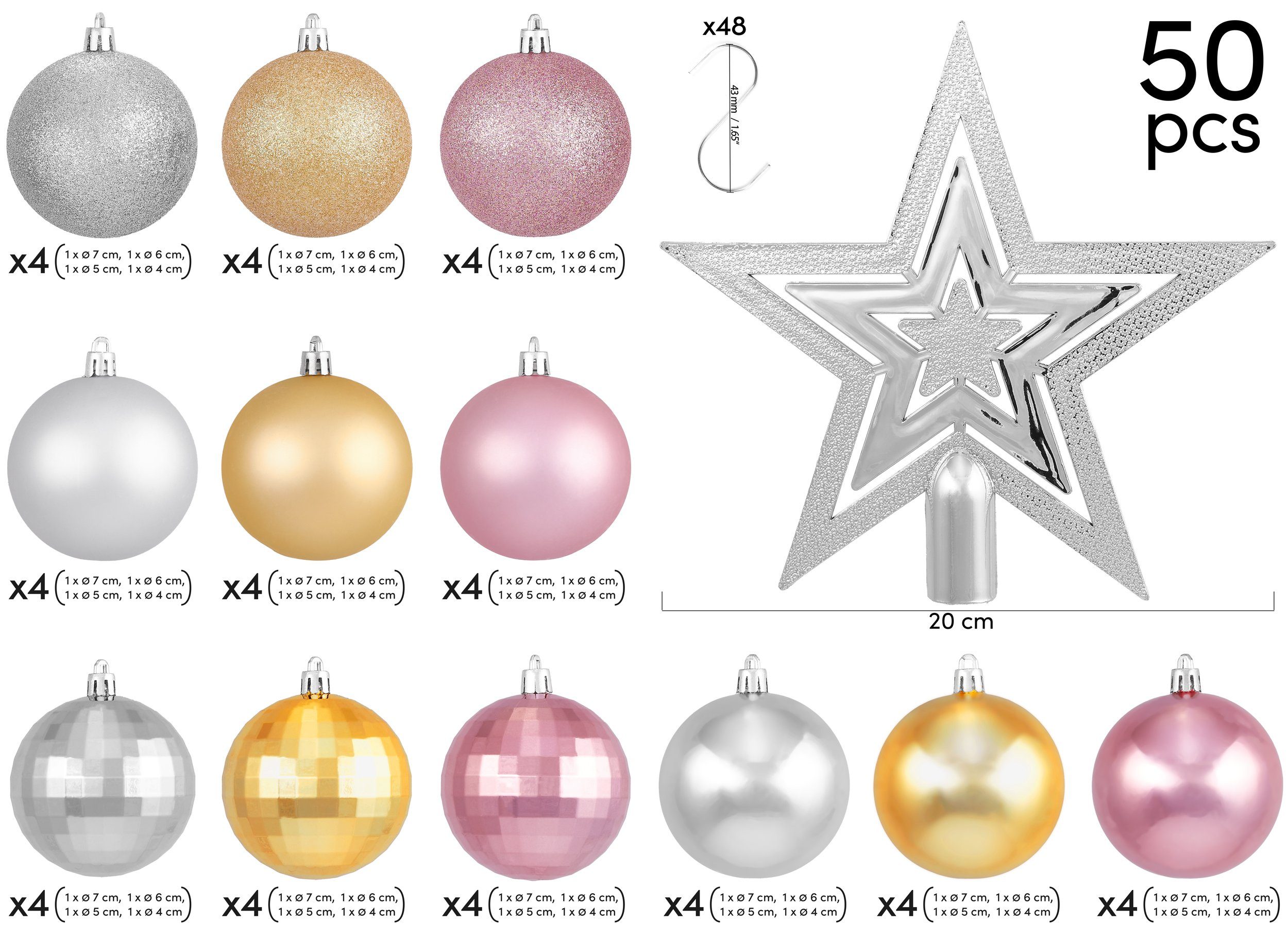 BRUBAKER Weihnachtsbaumkugel 50-teiliges Weihnachtskugel-Set mit Baumspitze, Christbaumschmuck aus Kunststoff, Weihnachtsdekoration edel und robust