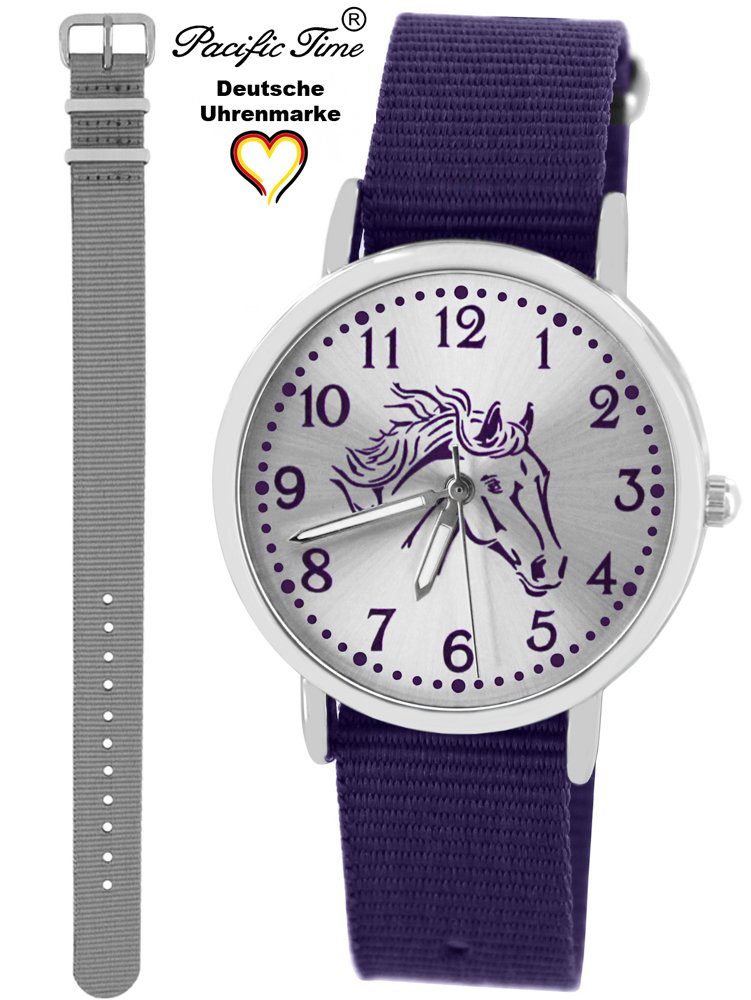 Pacific Time Quarzuhr Set violett Pferd und Gratis Kinder Versand Wechselarmband, Mix Design - Match und grau violett Armbanduhr