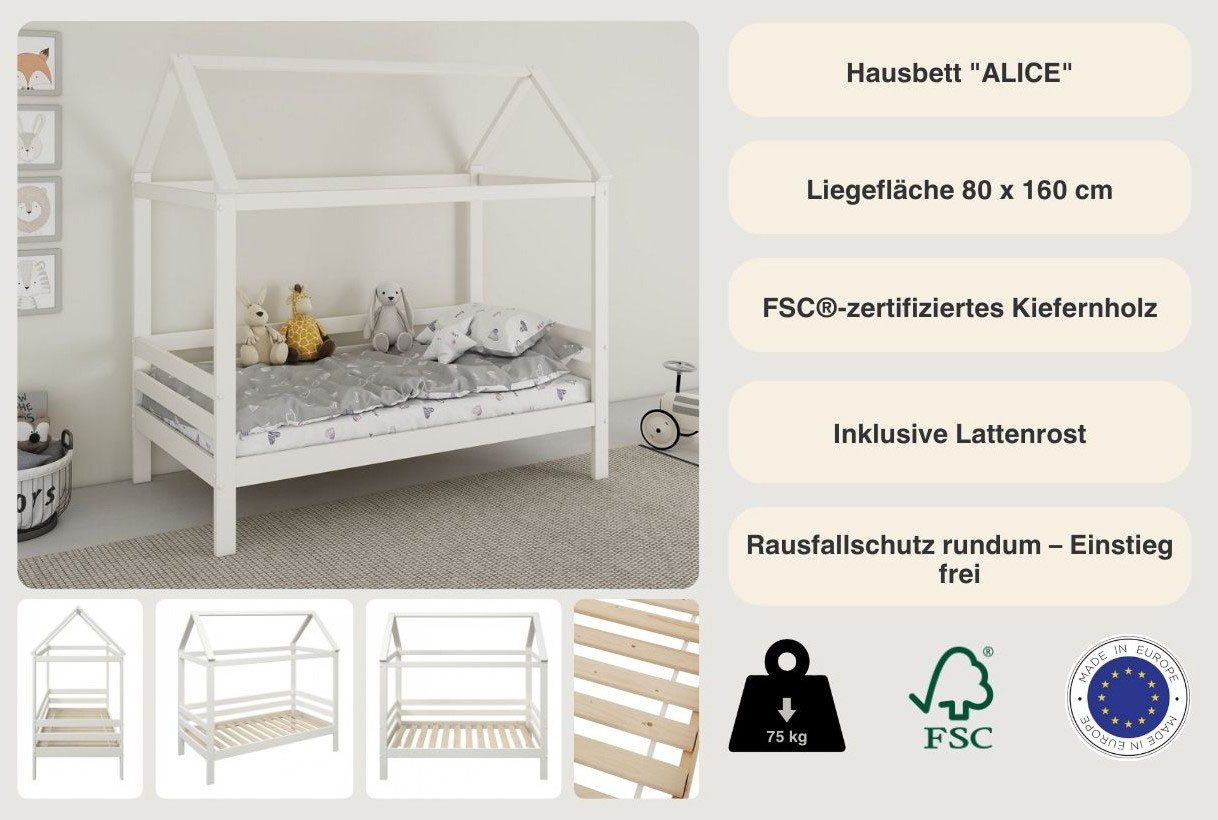 OTTO home Hausbett Alice, Bett, Made in Europe, FSC® zertifiziertes Massivholz, zertifiziertes Massivholz, inklusive Lattenrost