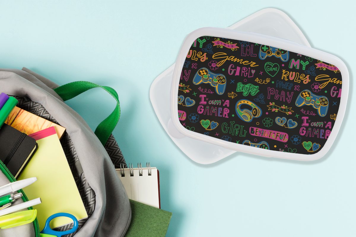 für Kinder Mädchen und Erwachsene, Gaming Muster, - Lunchbox - (2-tlg), Kunststoff, Teens MuchoWow und - Jungs Brotbox für Kopfhörer Brotdose, weiß