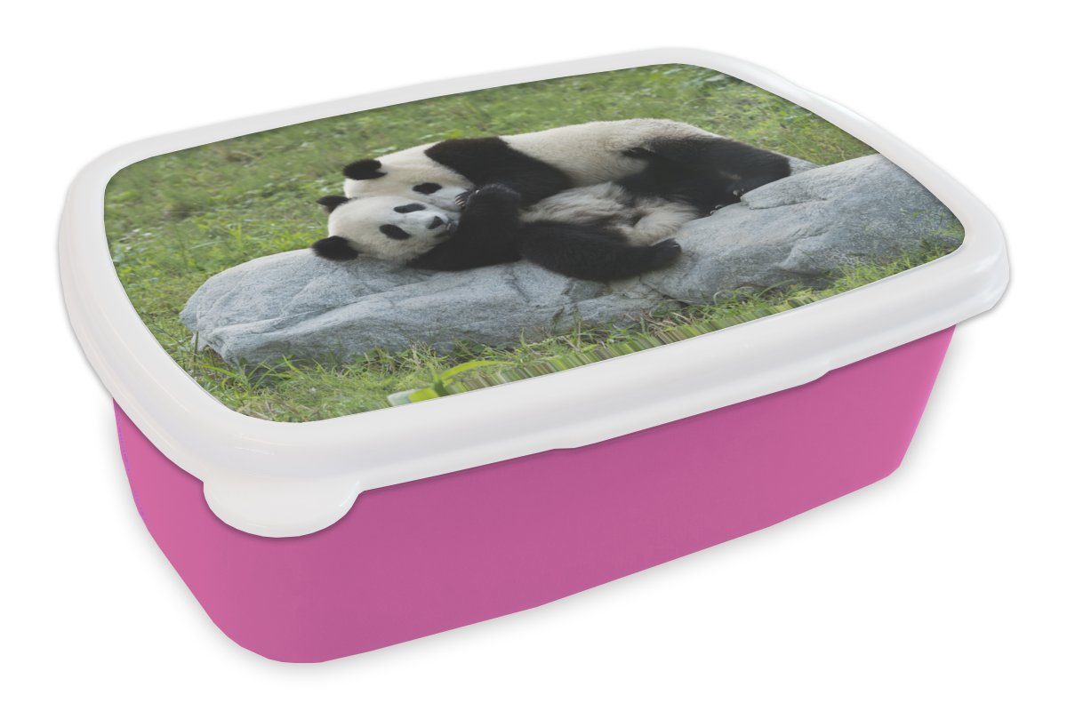 Kunststoff, Mädchen, Brotdose MuchoWow - rosa Brotbox Erwachsene, Gras - (2-tlg), Lunchbox Pandas Snackbox, Stein, Kinder, Kunststoff für