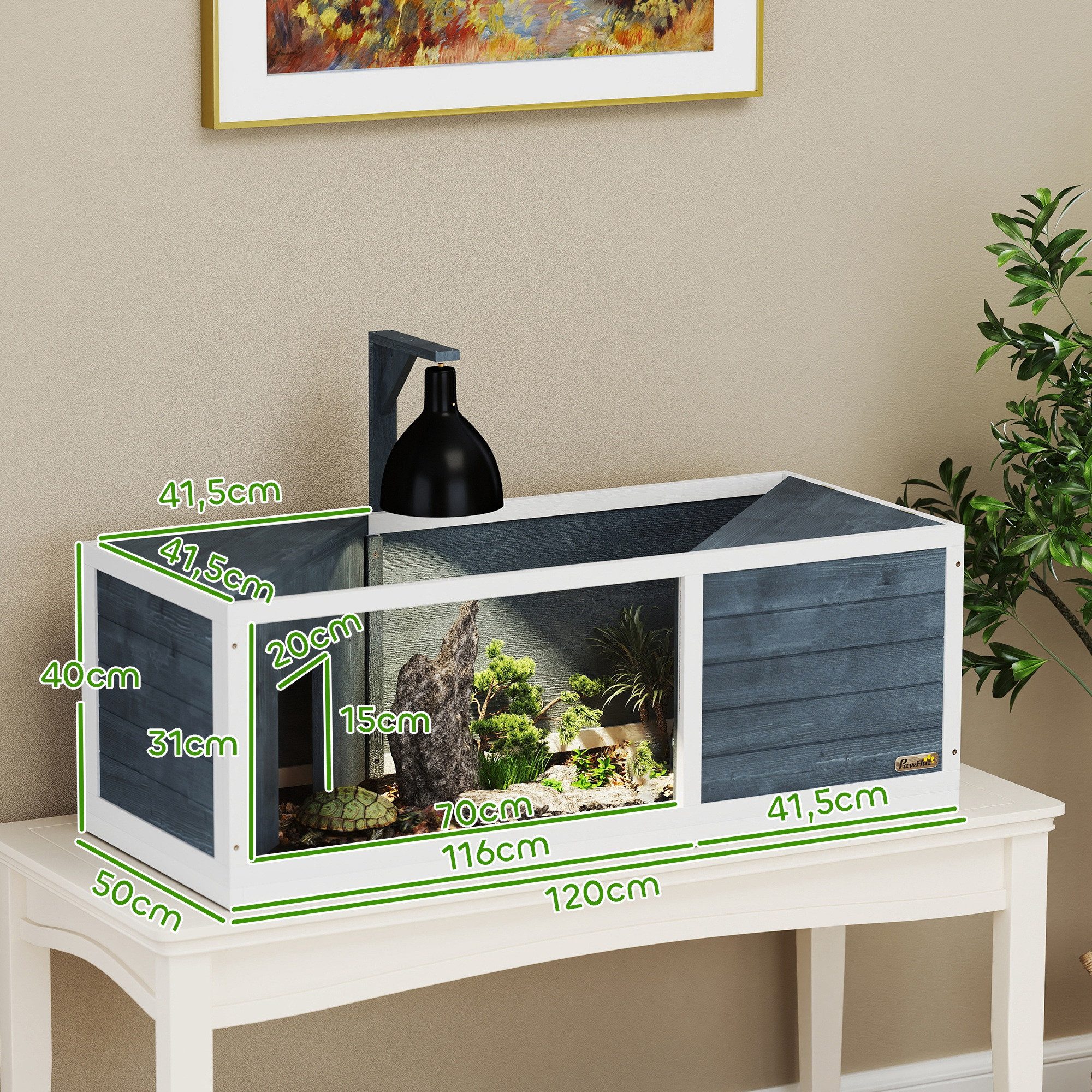 PawHut Terrarium Schildkrötenhaus aus Holz, Schildkrötengehege mit zwei Haupthäusern, 120 x 50 x 40 cm, Grau
