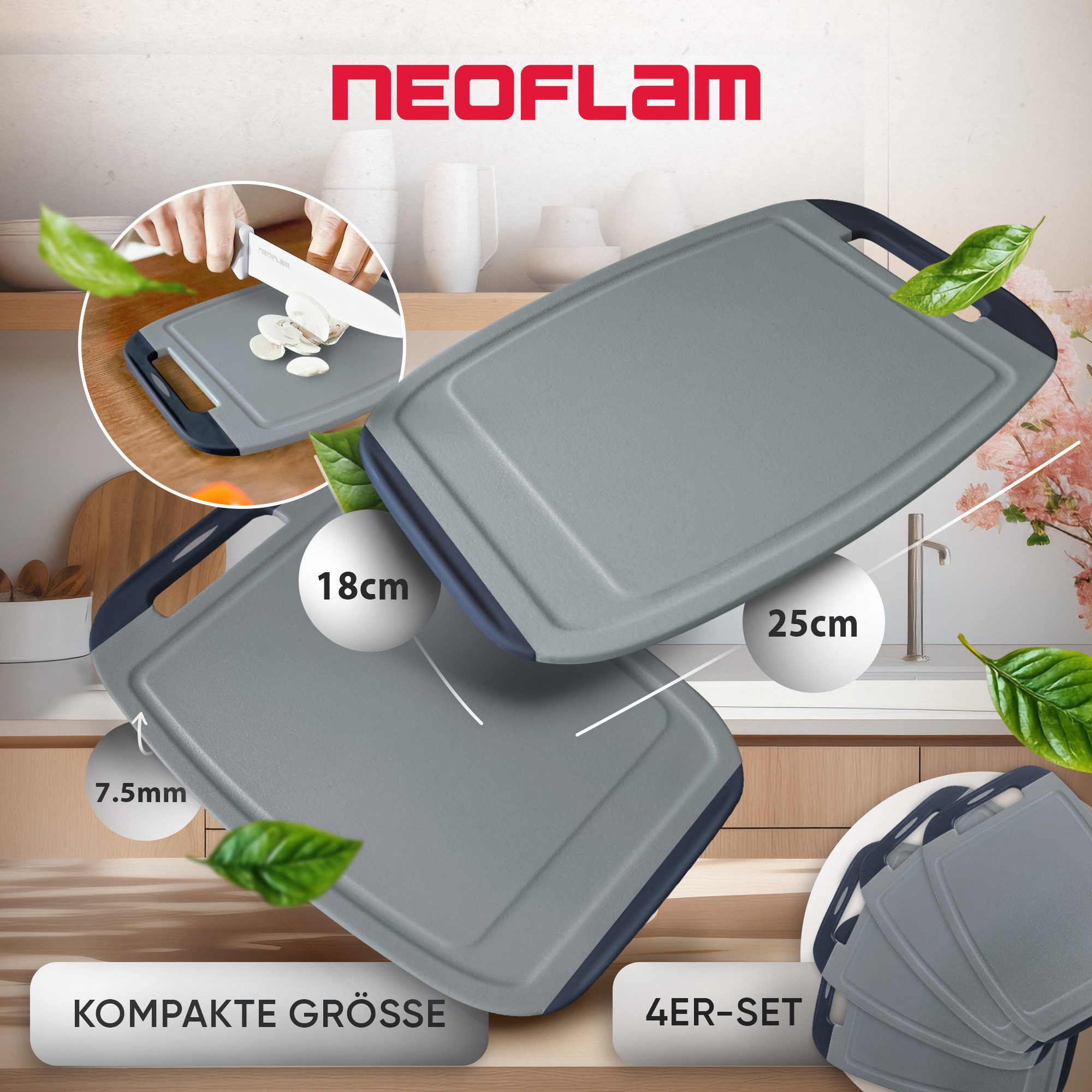 NEOFLAM® Schneidebrett BiJu Antibakterielles Frühstücksbrettchen Set, 4tlg. - Grau/Schwarz, Kunststoff (PP), (4-St)
