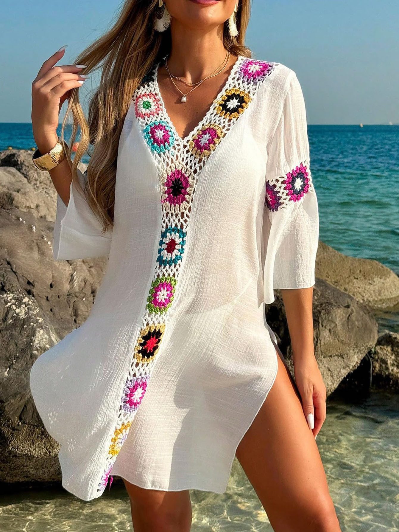 MOPUEA Strandkleid Floral gehäkelte Strandbluse, V-Ausschnitt Transparent (Strand Gehäkelte Strandkleider Damen Sommer Gehäkeltes Strandkleid, 1-tlg., Gehäkelt Boho Kurzarm Große Größen Swim Beach Cover Ups) Strandkleid Damen Bikini Cover Up Kleid