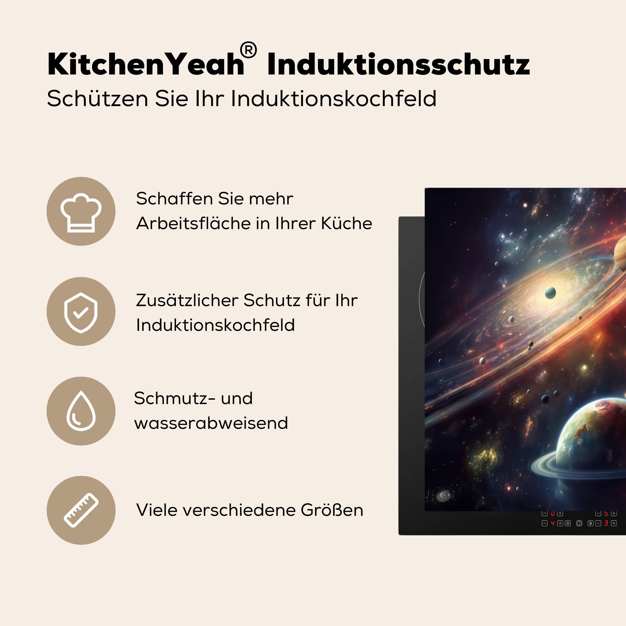 Arbeitsfläche Neon Mobile tlg), Herdblende-/Abdeckplatte Planeten - nutzbar, (1 Weltraum - Vinyl, Sterne, Ceranfeldabdeckung MuchoWow cm, 60x52 -