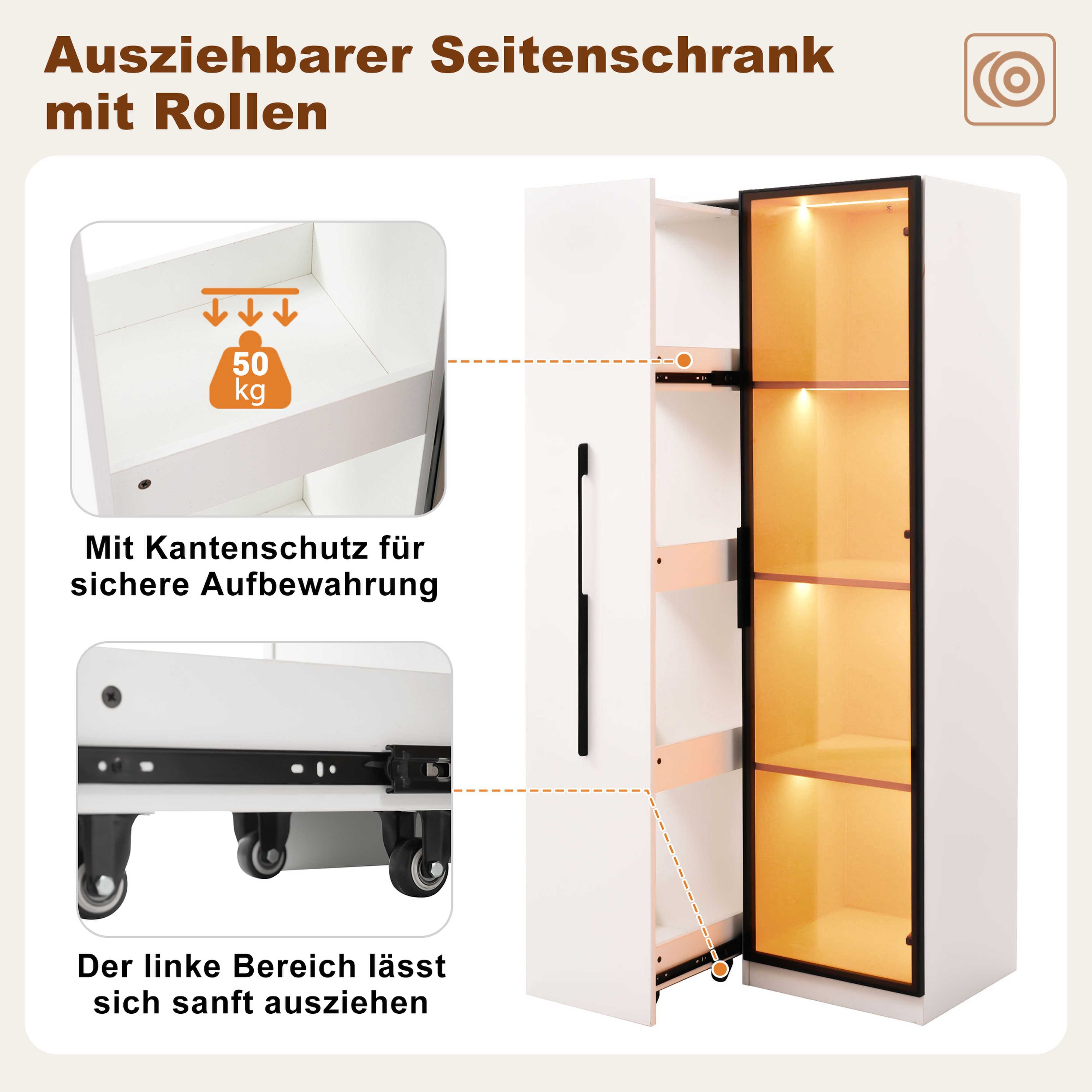 BlingBin Stauraumvitrine LED-Vitrine Multifunktionsschrank (1-St., mit warmgelben Aluminium-Lichtleisten, Soft-Close-Scharniere) Soft-Close-Scharniere, mehrfarbiger Beleuchtung & Kippschutz