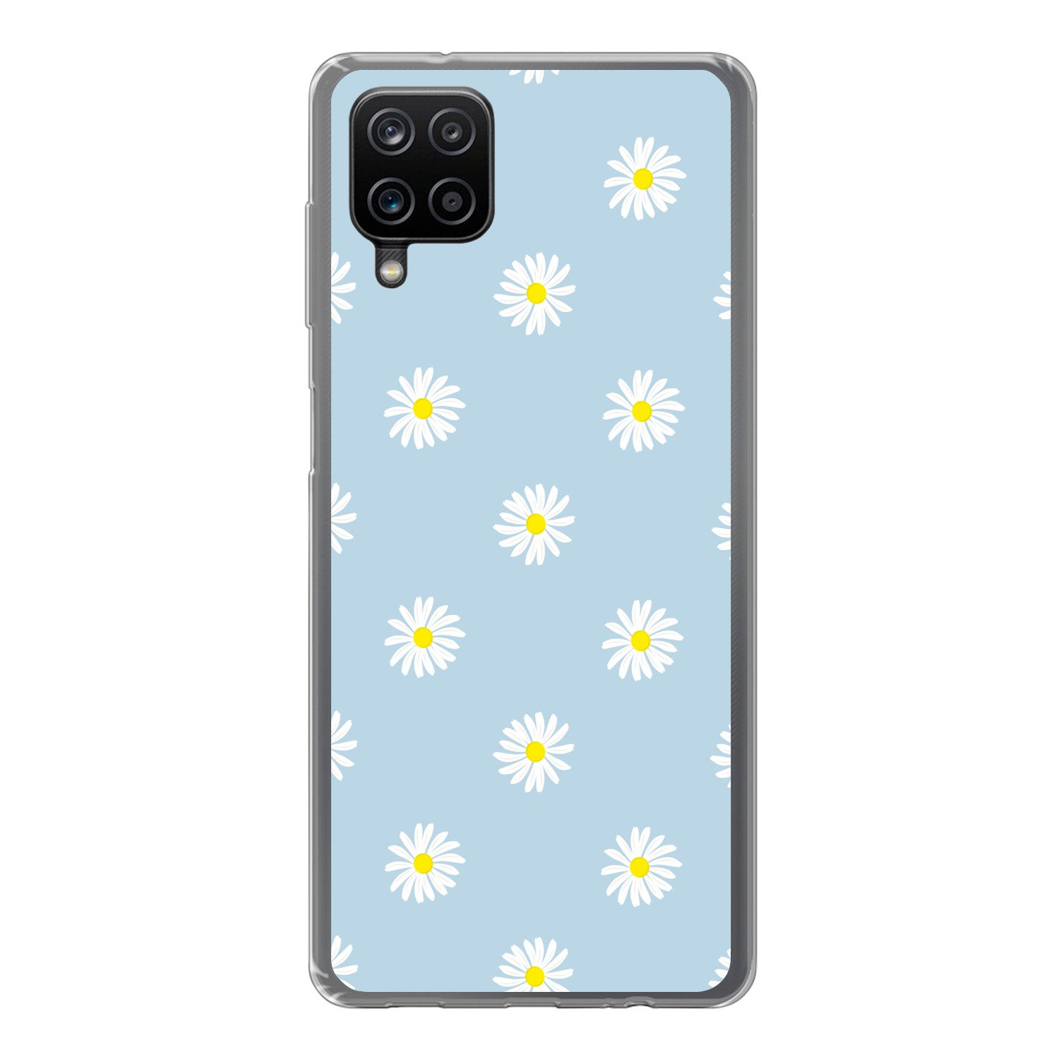 MuchoWow Handyhülle für Samsung Galaxy A12 Gänseblümchen - Pastell - Weiß - Blau - Blumen, Smartphone-Bumper, Print, Handy Schutzhülle Dünn