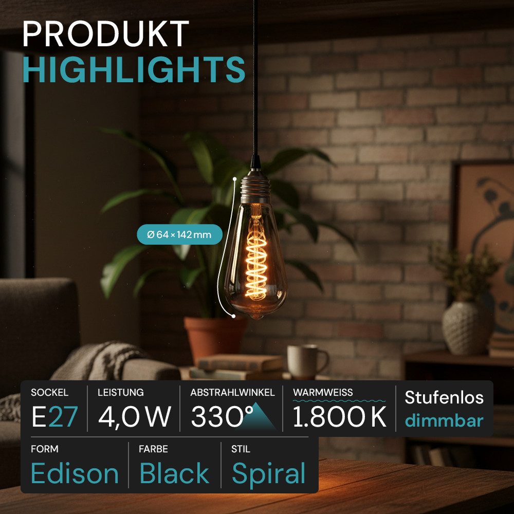 LUXULA LED Dekolicht SPIRAL Retro Leuchtmittel, LED fest integriert, 1800K Warmweiß, LED Filament E27 für klassisches Edison Retro Design Dimmbar