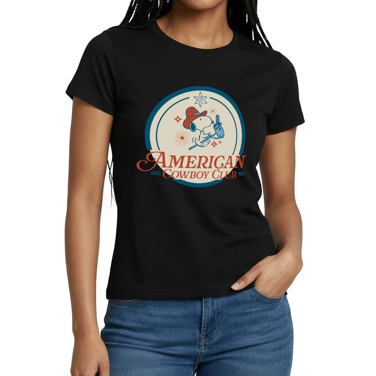 Spreadshirt T-Shirt Peanuts Snoopy American Cowboy Club Frauen T-Shirt (1-tlg) Slim Fit, fällt klein aus