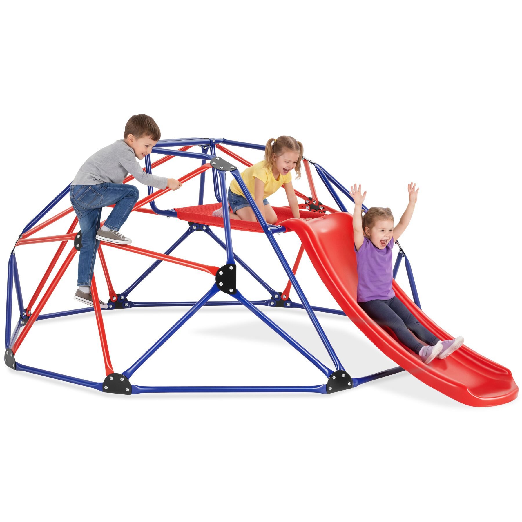 tectake Klettergerüst Spielgerüst mit Rutsche, inklusive 4 Heringe, 185 x 243 x 90 cm, (Kletterturm Freeclimber, in rot/blau), wetterfest, Sitzfläche aus Meshgewebe, Stahlgestell, ab 3 Jahren