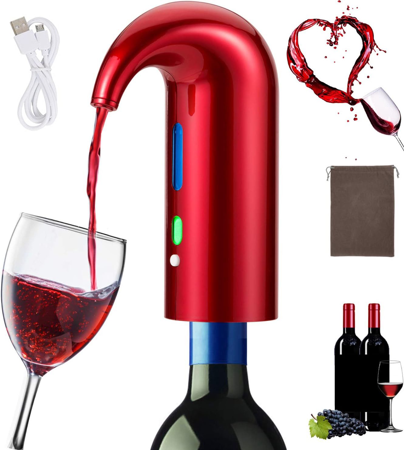 GOOLOO Dekanter Elektrischer dekanter Tragbarer Multi-intelligenter USB Weinbelüfter, Automatischer Filter Weinoxidationsspender Rotwein für Reisen
