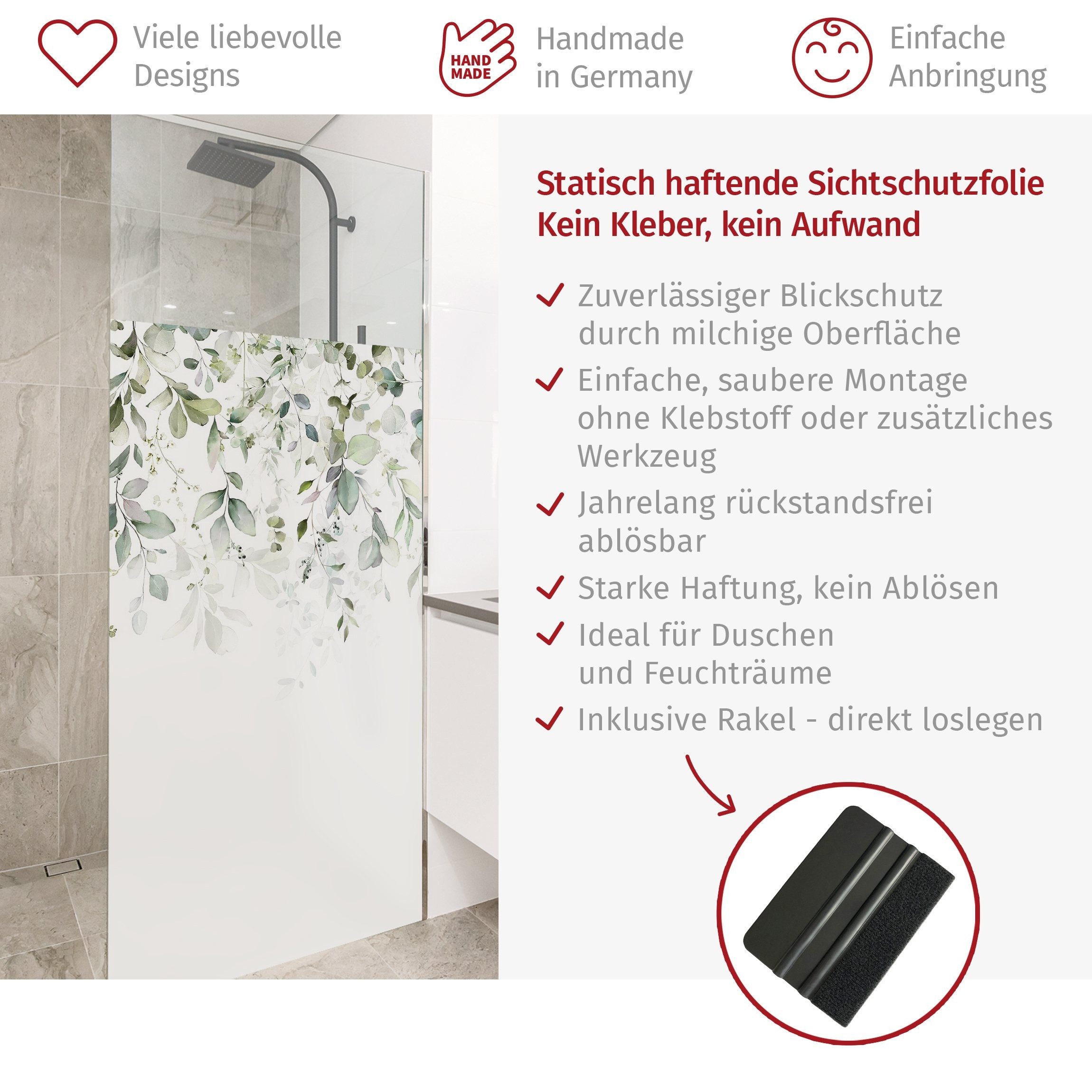 Bilderdepot24 Sichtschutzfolie Dusche blickdicht statisch haftend Blätter- und Pflanzenmotiv, Statisch haftend, blickdicht, wasserfest, wiederverwendbar, ablösbar