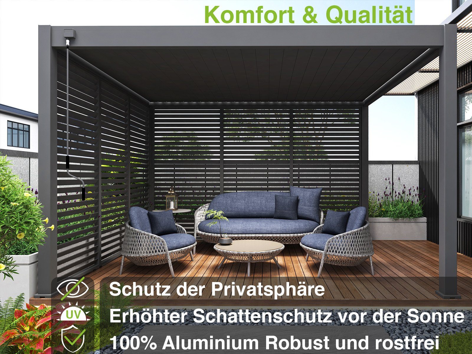 Weide Pavillonseitenteil Horizontale Lamellenwand drehbar Sichtschutz für Pergola Alu Anthrazit, 93x234 cm, Komplettset, Seitenteil – Bild 5 von 5