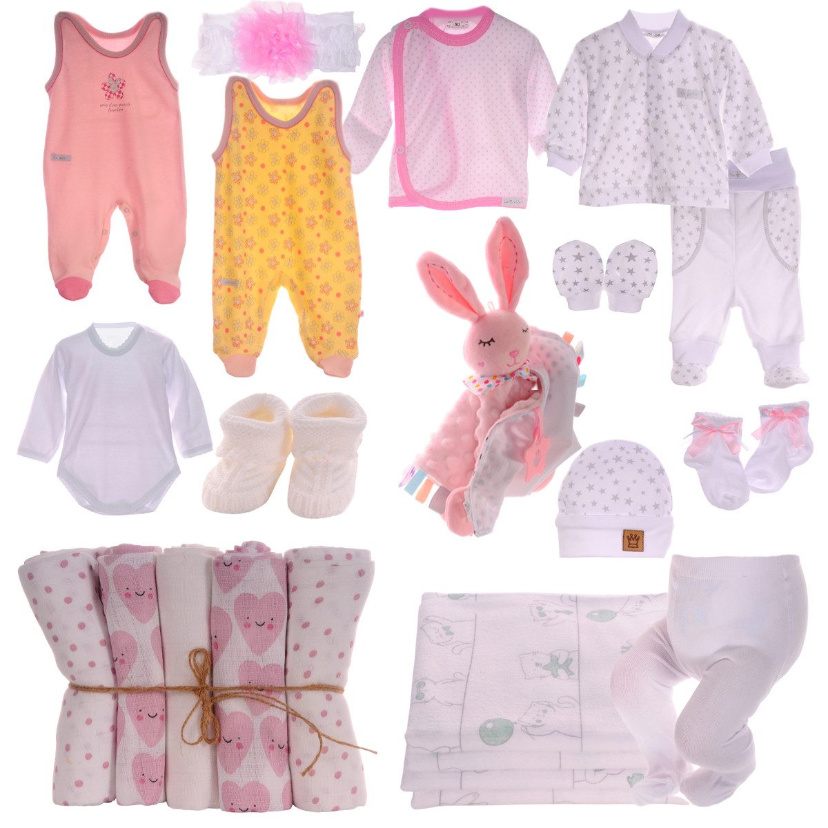 La Bortini Starterpaket Erstausstattungspaket Baby Set 22 Tlg Body Hose Strampler Strumpfhose (Bekleidunf für Neugeborene, Strickschuhe, Mütze, Erstlingsbekleidung Spucktücher Schmusetuch Fäustlinge) aus Baumwolle, ein Geschenk zur Geburt, Paket in Rosa für Neugeborene