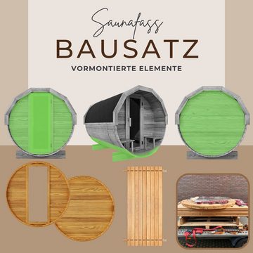 EDEN Holzmanufaktur Fasssauna Bausatz, Teile vormontiert Fichte Remmers Lasur, BxTxH: 202 x 282 x 211 cm, 45 mm, (Set) Veranda inkl. Zubehör