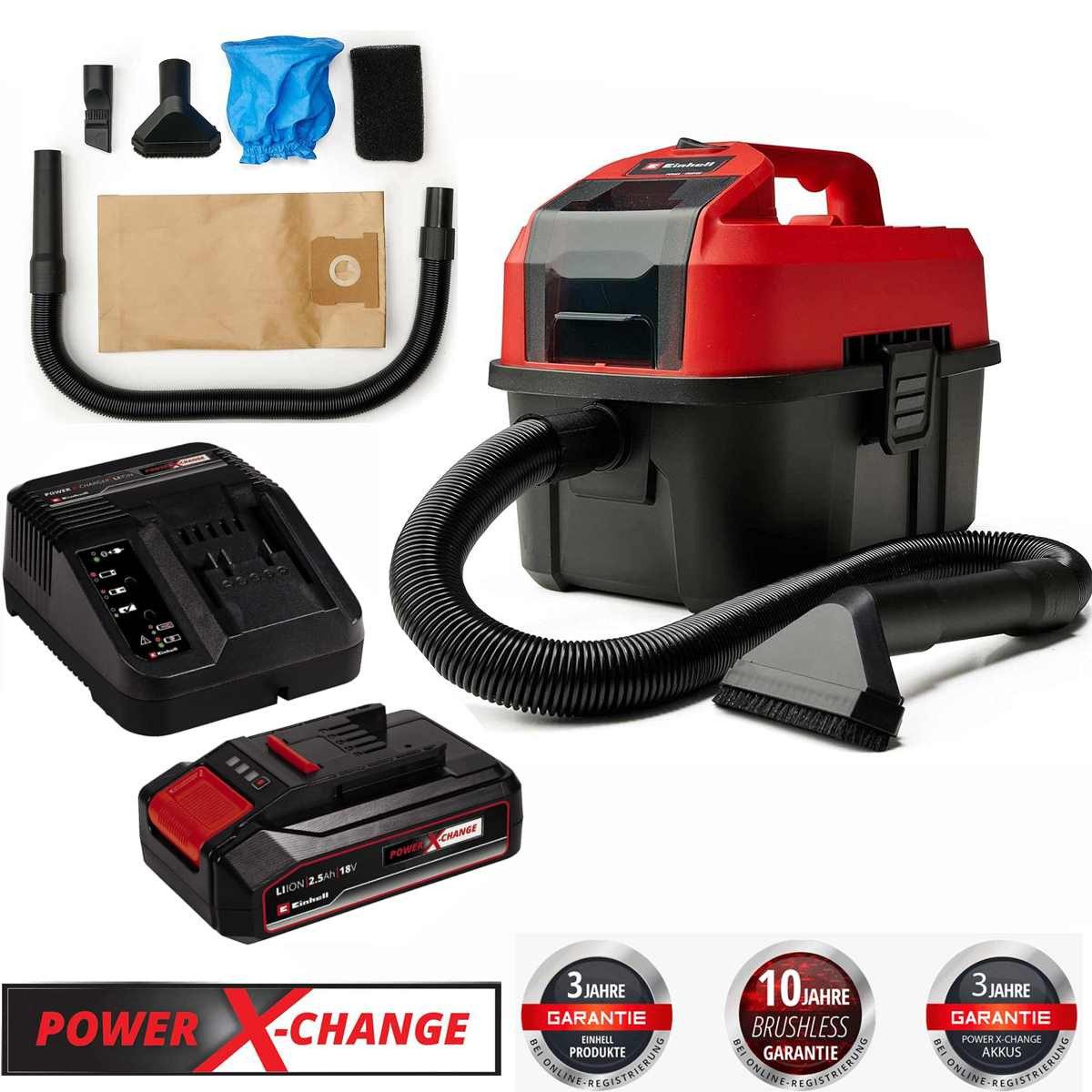 Einhell Nass-Trocken-Sauger Nass-Trockensauger TE-VC 18/10 Li Akku 2.5 Ah, Ladegerär, Zubehör