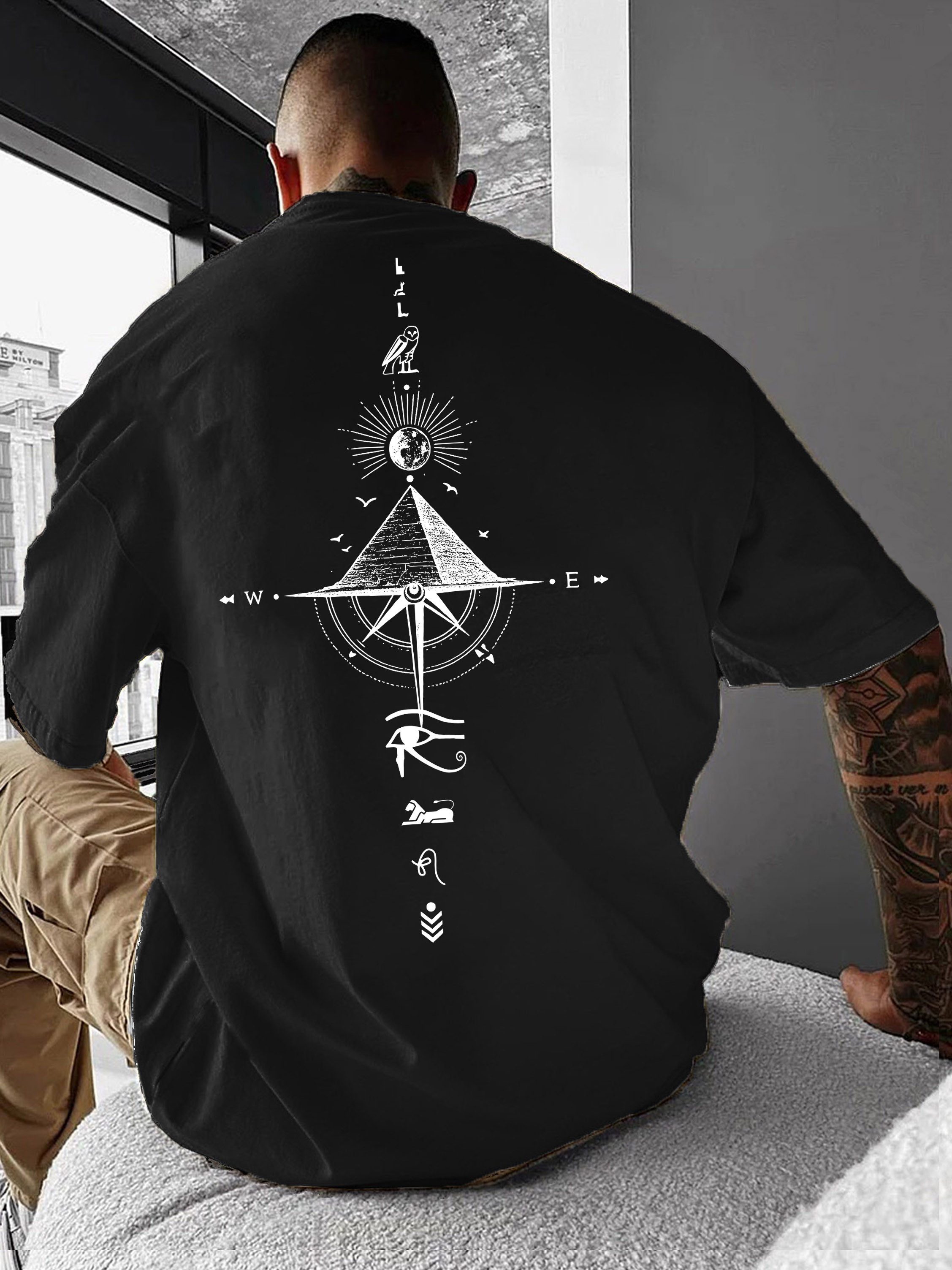 RMK Print-Shirt Herren T-Shirt Basic Rundhals Kompass Welt Pyramide aus 100% Baumwolle