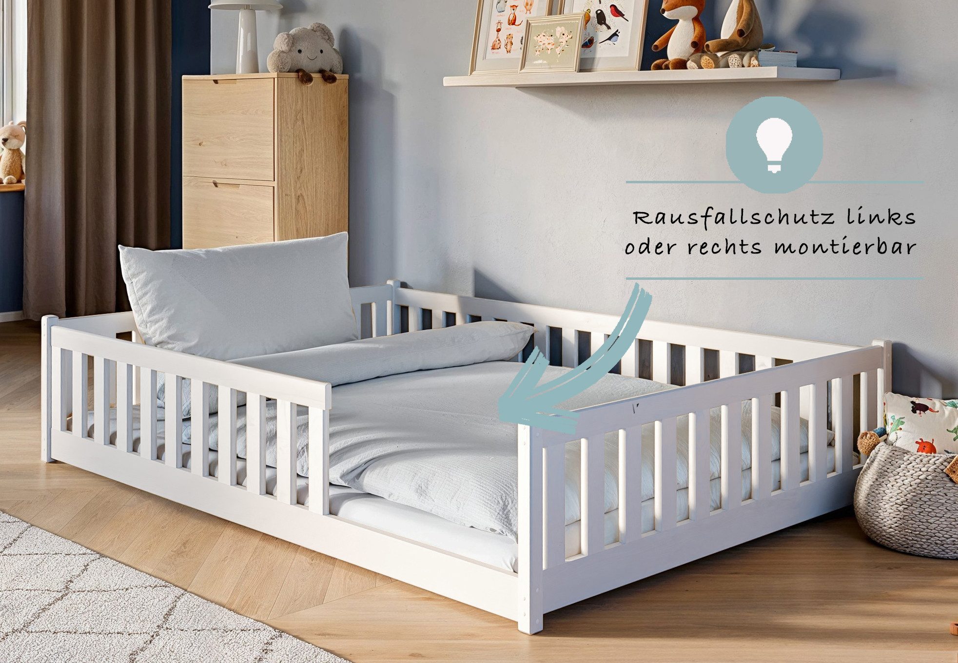 Kids Collective Kinderbett Bodenbett Bett mit Rausfallschutz & Lattenrost Montessori Bett Kinder (weitere Größen 80x160, 90x200, 120x200 cm), Gitterbett Jugendb – Bild 5 von 5