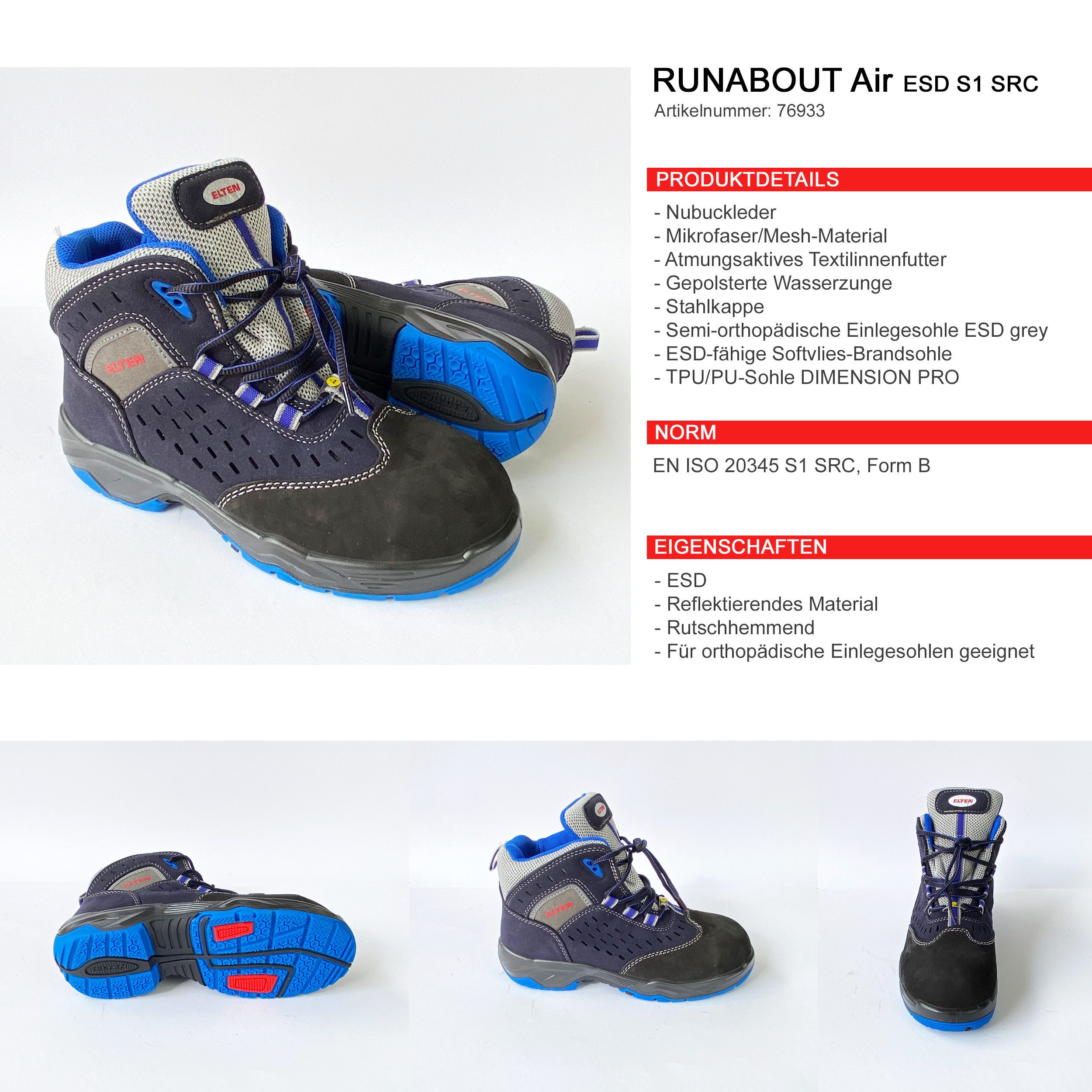 ELTEN 76933 RUNABOUT Air ESD S1 SRC Arbeitsstiefel Damen & Herren Sicherheitsstiefel