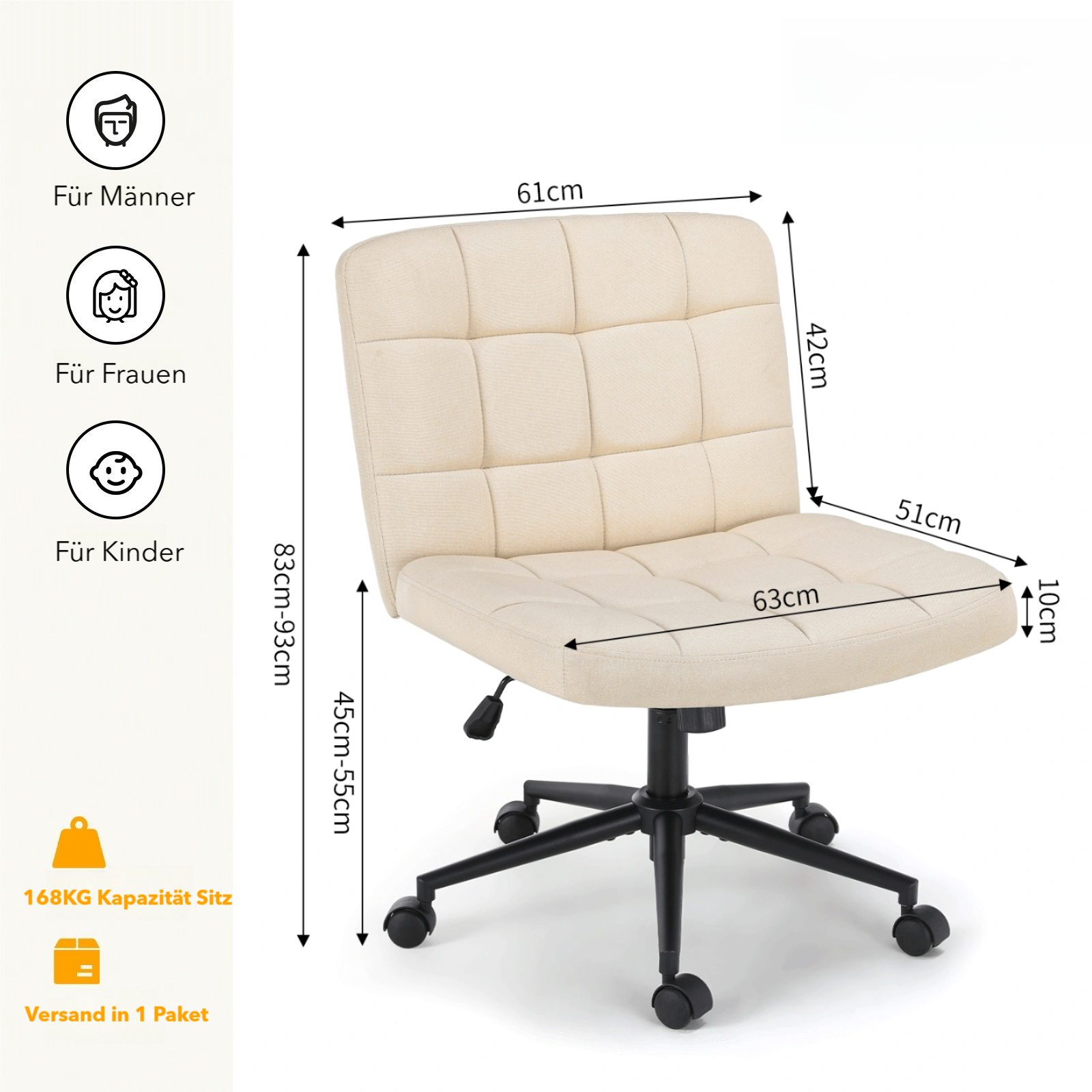 TLGREEN Bürostuhl Drehstuhl ohne Armlehnen,Dick Schreibtischstuhl, Höhenverstellbarer Schneidersitz Drehstuhl für Home Office