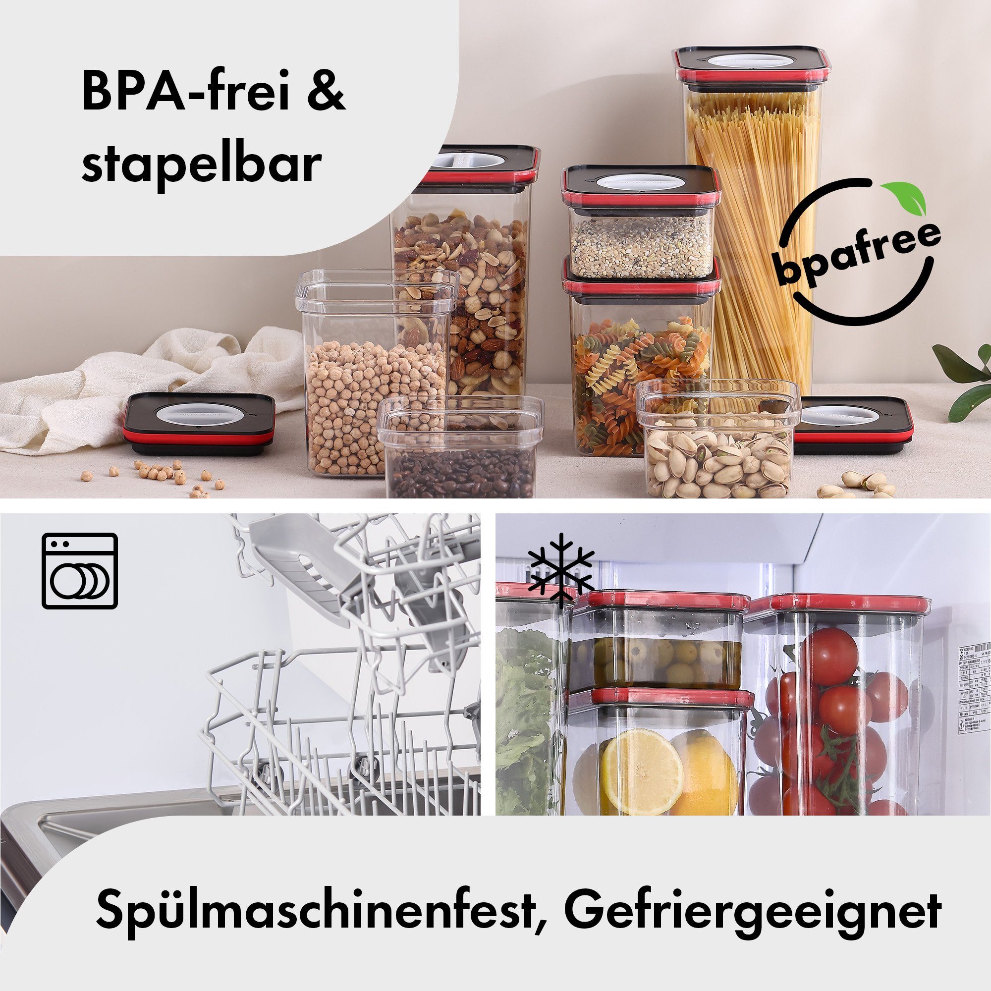 NEOFLAM® Vorratsdose Smart Seal Vorratsbehälter Set 4tlg. - Gr. 4x S - Rot, Kunststoff (AS & PP), Silikon, (4-tlg) – Bild 5 von 5