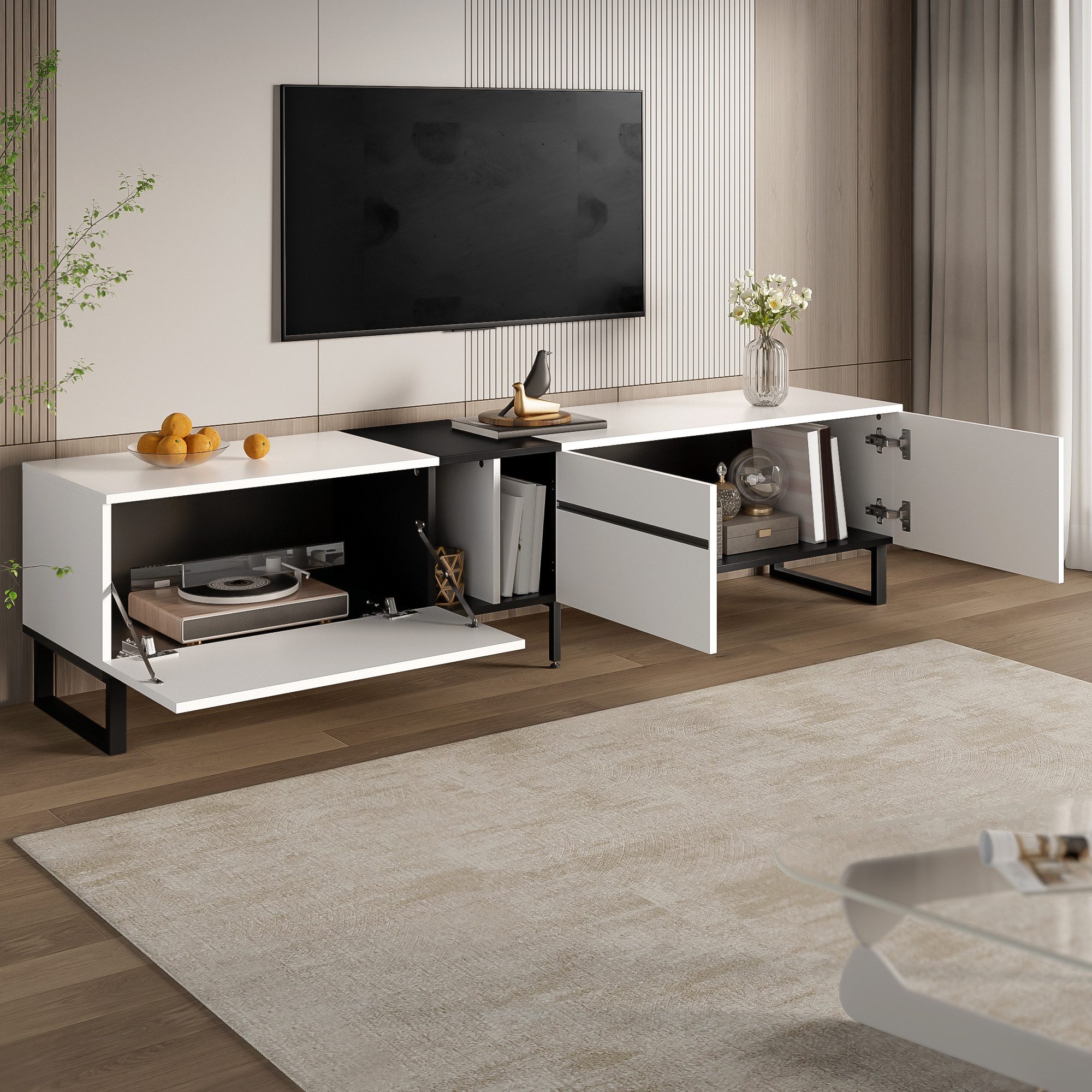 Merax Lowboard TV-Möbel Fernsehschrank aus Holz (für Wohnzimmer/Gästezimmer/offene Wohnkonzepte, 1 St., 180 cm x 38 cm x 45 cm), TV-Schrank mit Klappfach, Doppeltüren, Stauraum & verstellbaren Füßen
