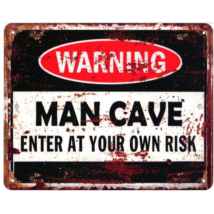 Moritz Metallschild Warning Man Cave Enter at Your Own Risk (Einzeln) 20 x 25 cm Vintage Retro Deko Schild Metallschild Wandbild Wanddeko Schild Deko Spruch