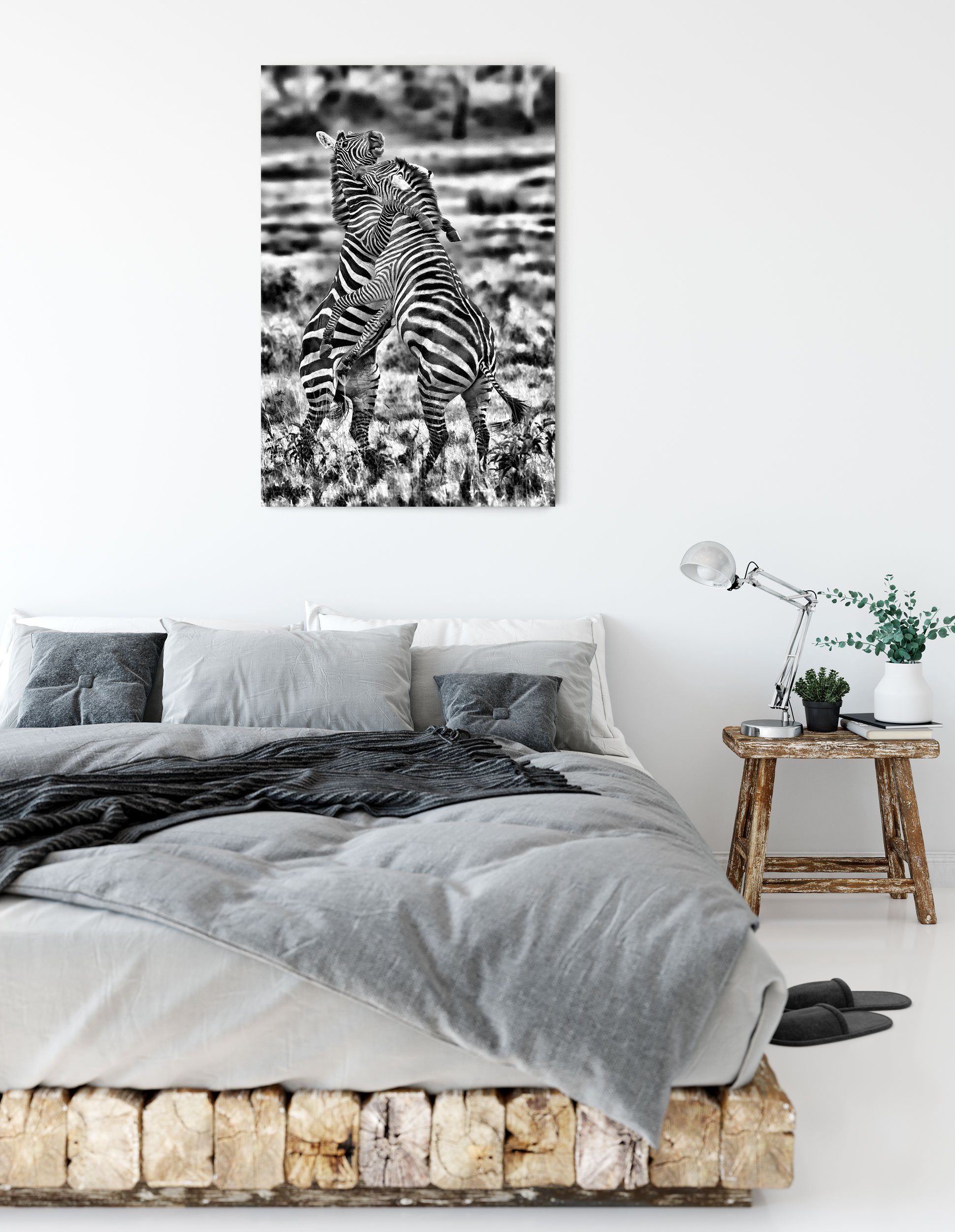 Pixxprint Leinwandbild kämpfende Zebras, kämpfende St), inkl. bespannt, Leinwandbild fertig Zebras Zackenaufhänger (1