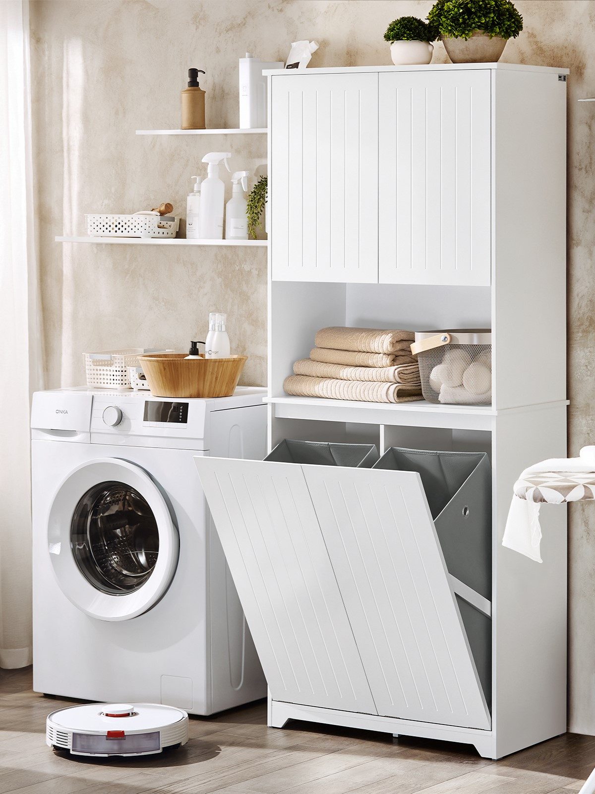 SoBuy Badkommode BZR150, Badschrank schmal, mit Regal, Platzsparendes Badmöbel Weiß, Badezimmerschrank mit Wäschesack Wäscheschrank Badschrank Hochschrank
